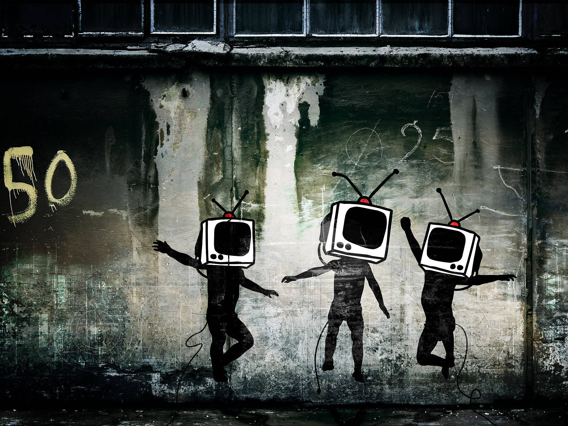 Black And White Graffiti Tv Heads By Banksy Background