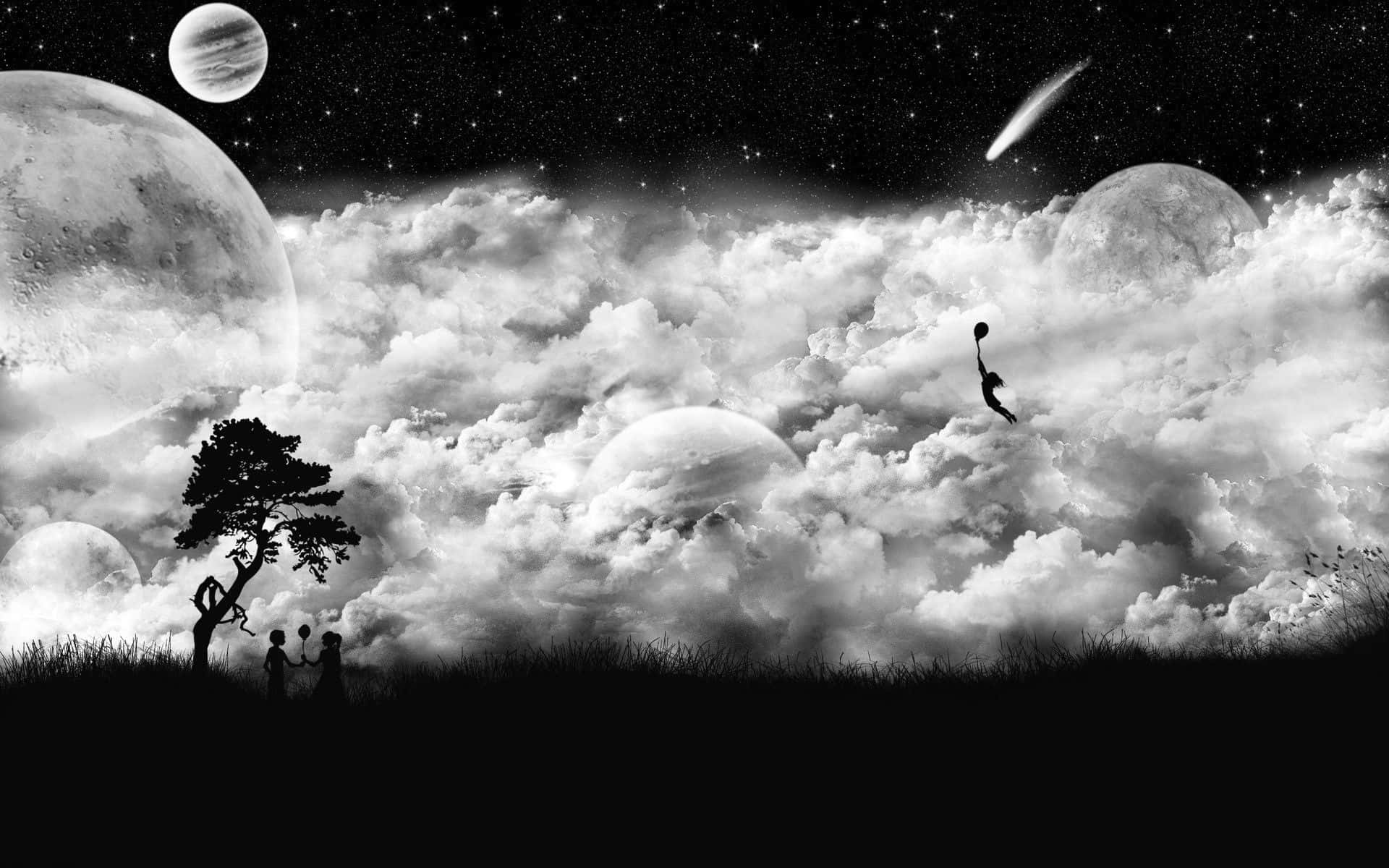 Black And White Image Of A Sky With Clouds And Planets