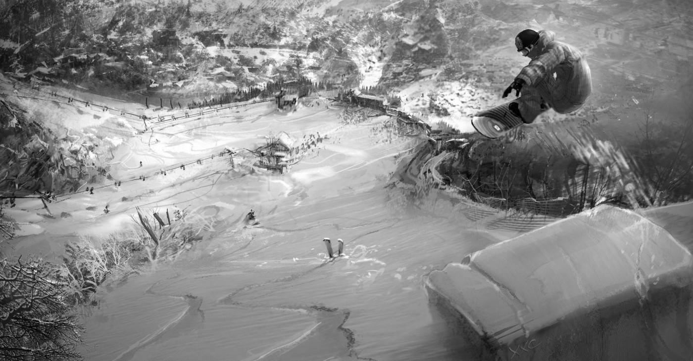 Black And White Man With Snowboard Leaping Background