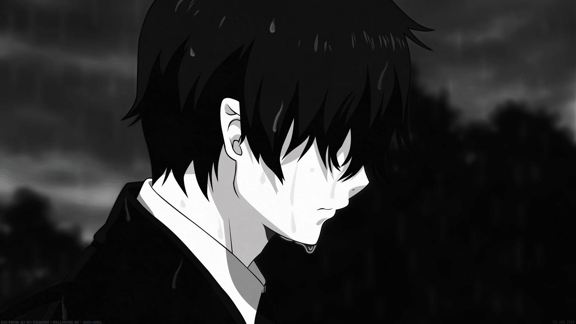 Black And White Melancholy Anime Boy Background