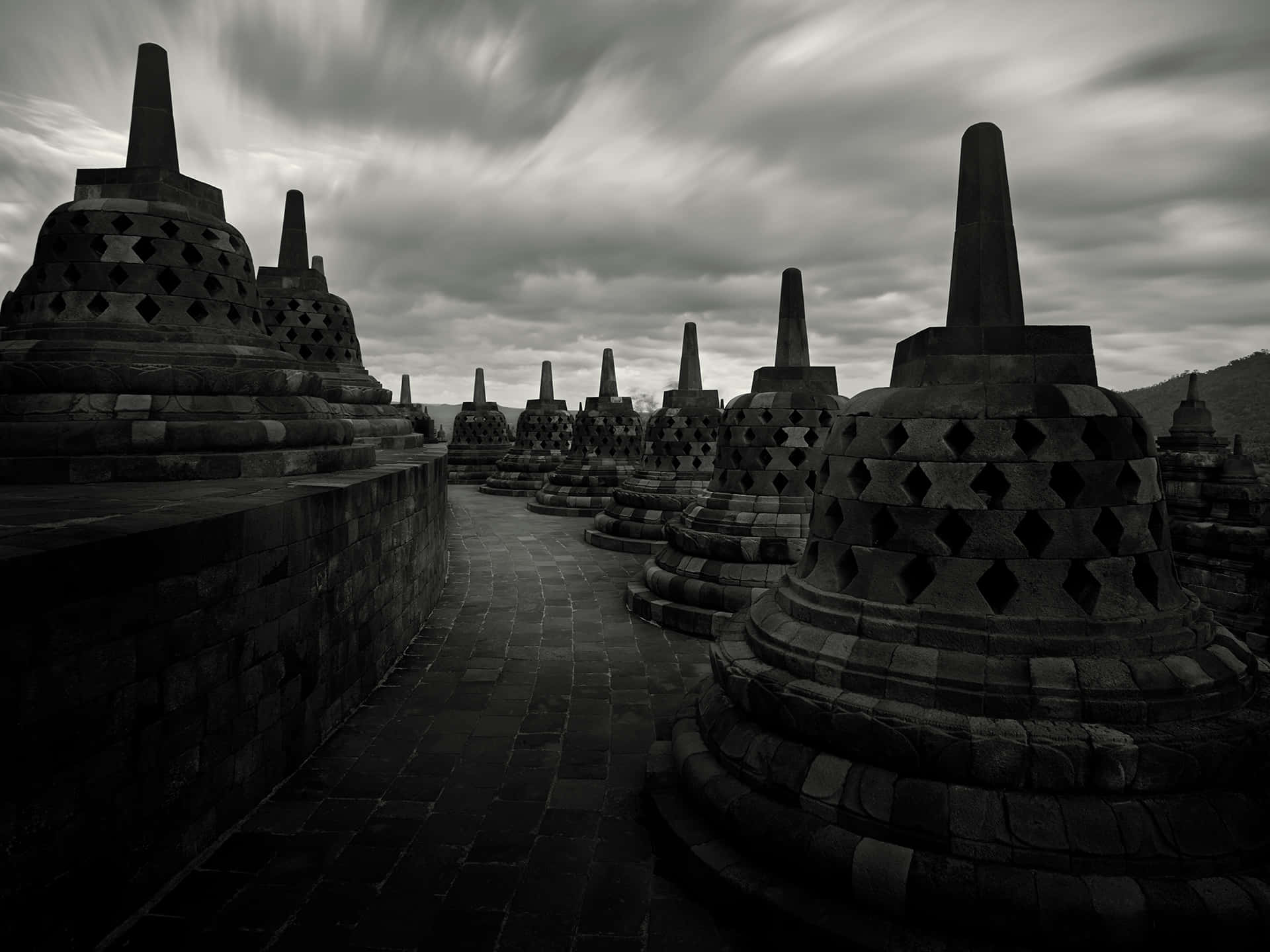 Black And White Photograph Of Borobudur Temple Background