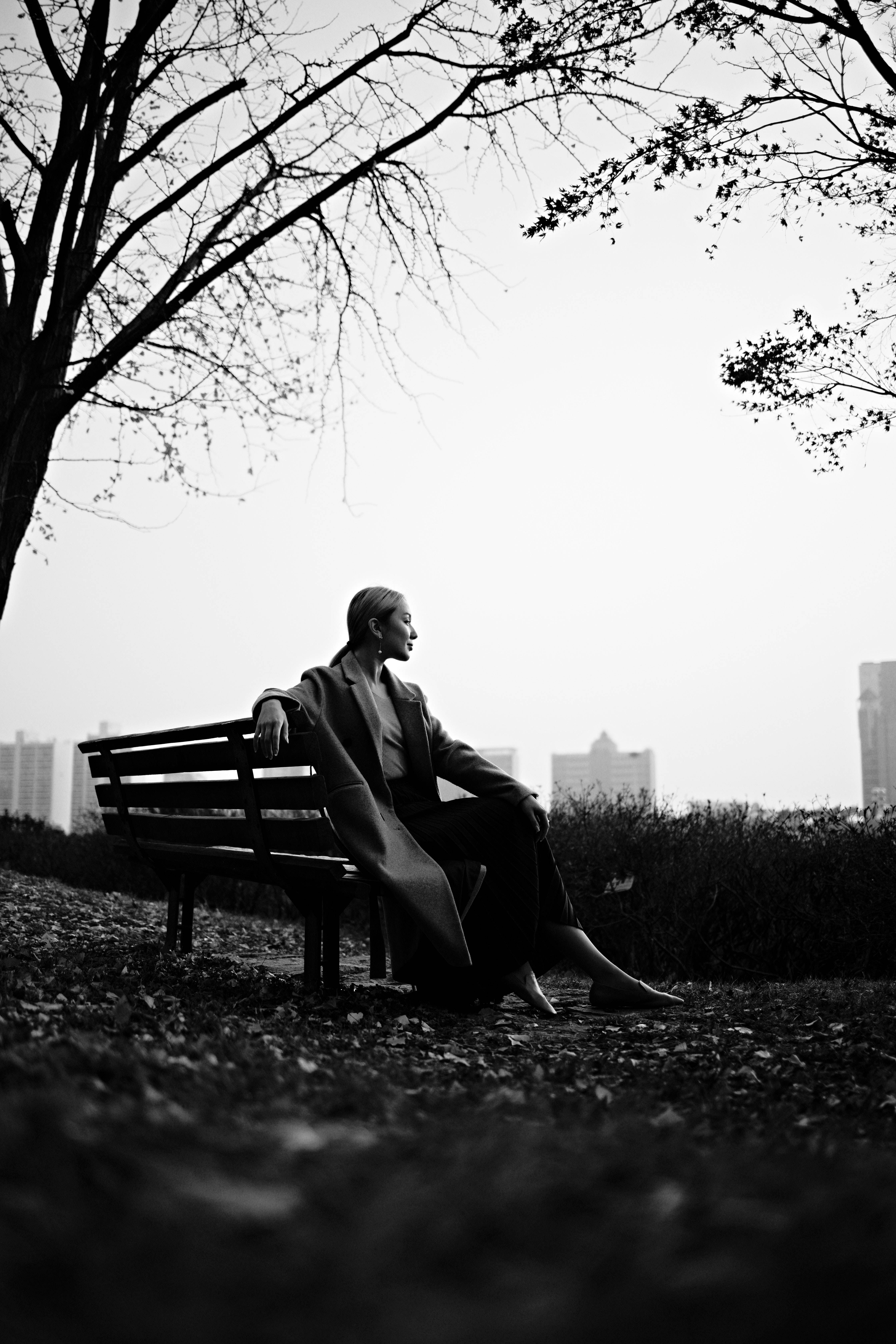 Black And White Photography Girl On Bench Background