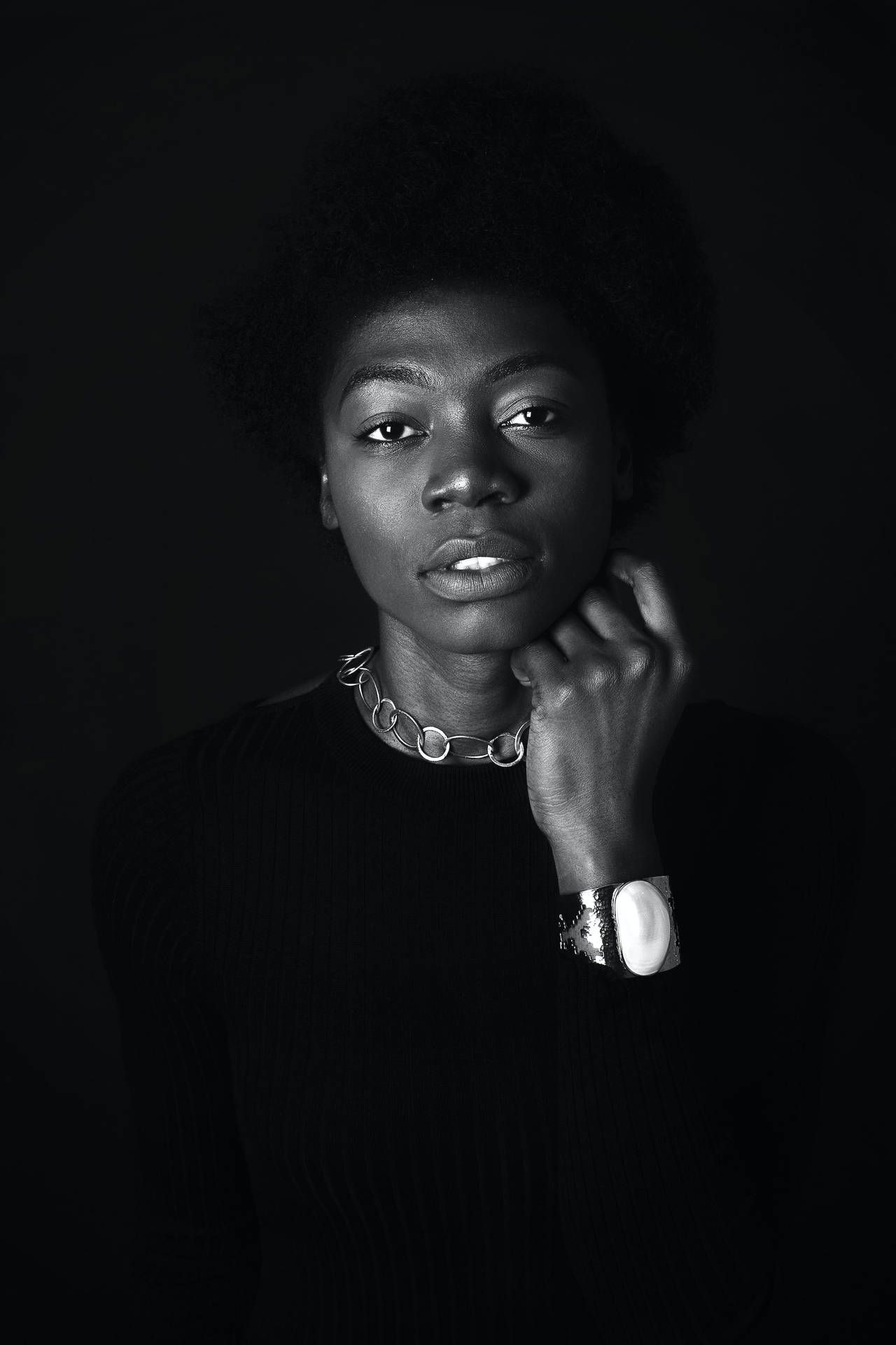 Black And White Portrait Of Jewelry On Display Background