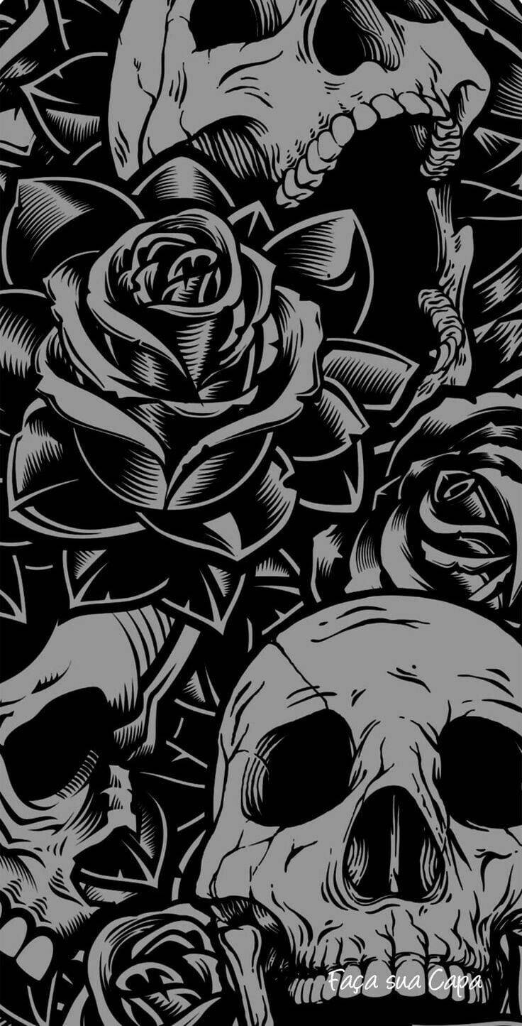Black And White Tengkorak Roses Background