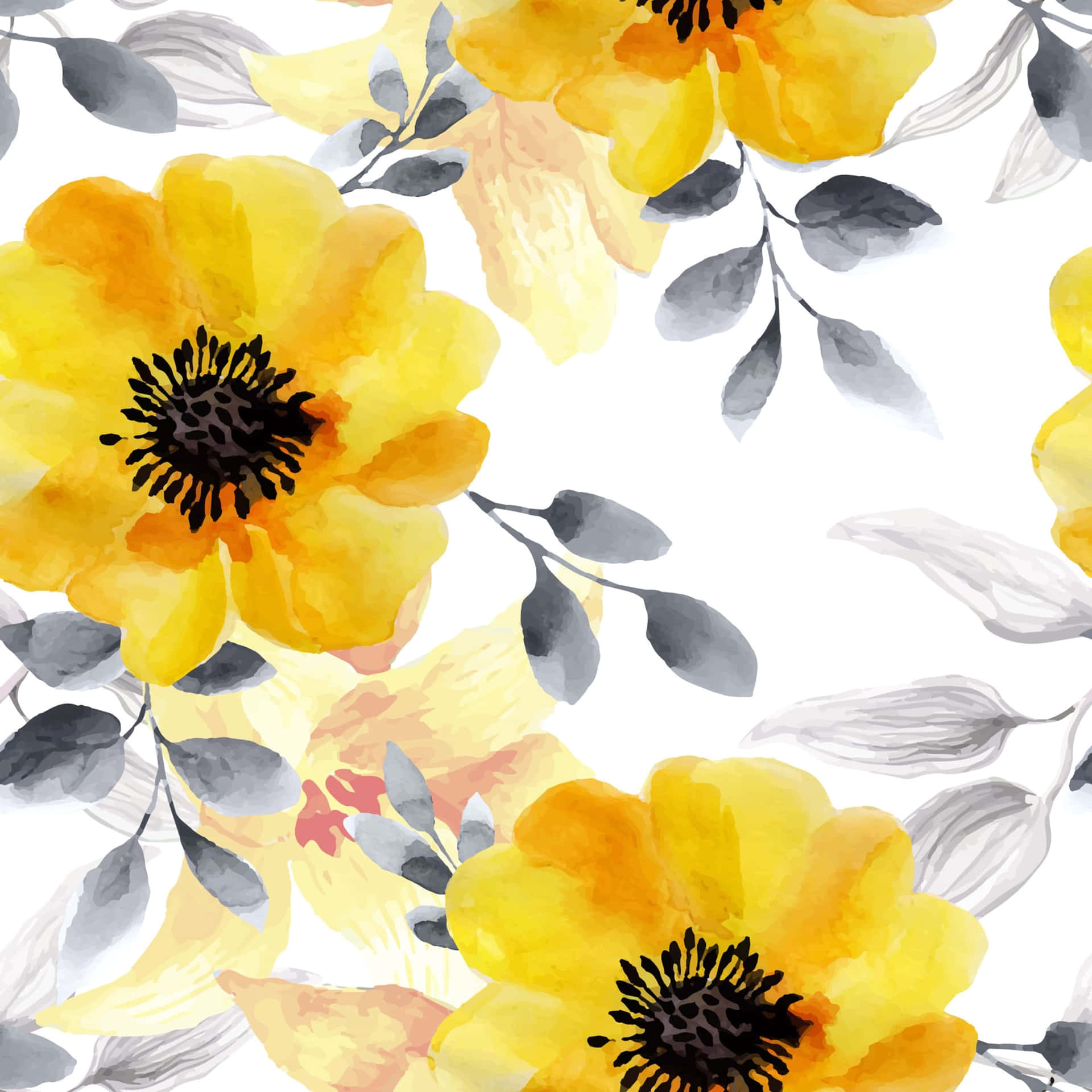 Black And Yellow Watercolor Floral Patterns Background