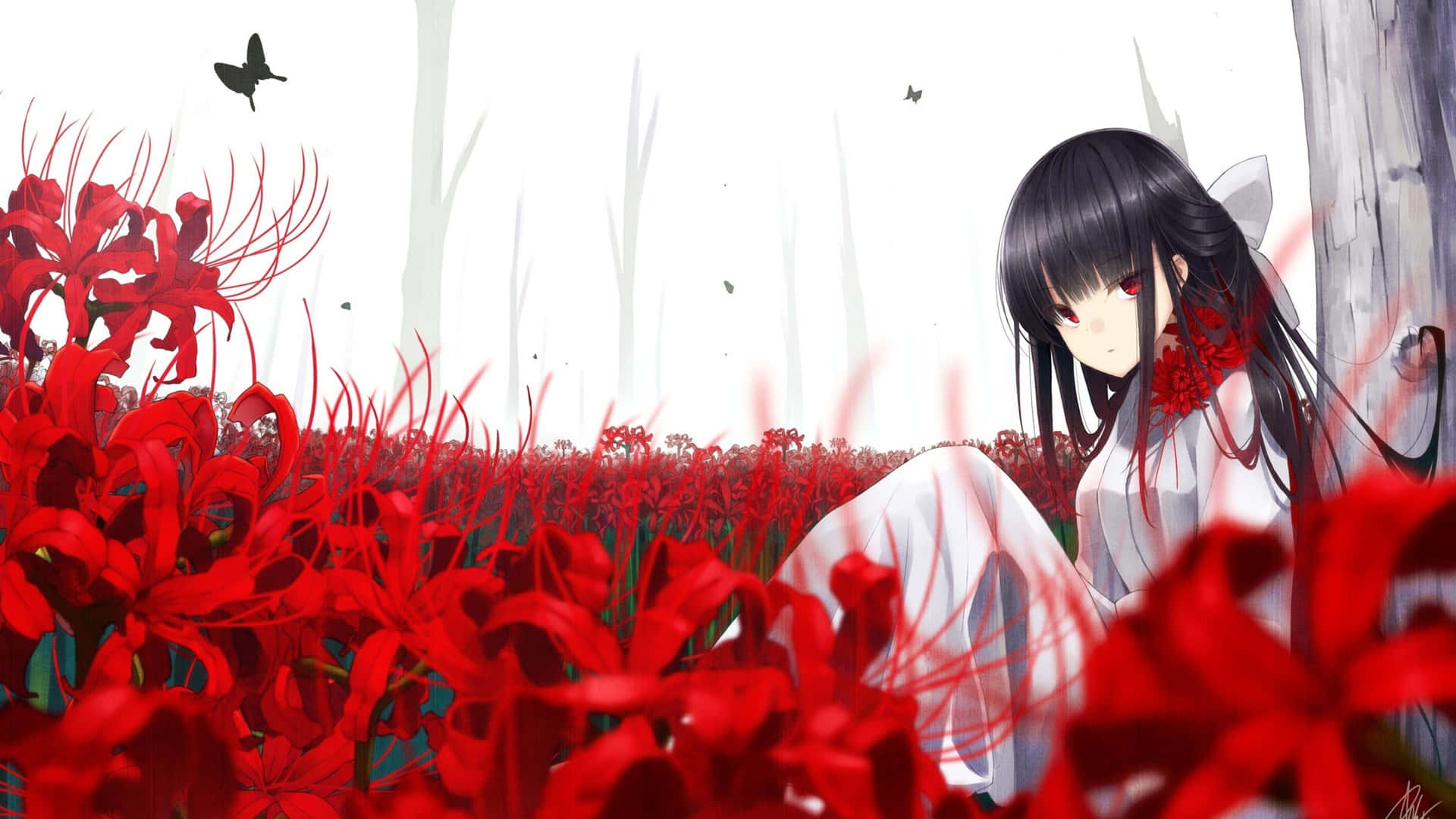 Black Anime Girl And Red Flowers Background