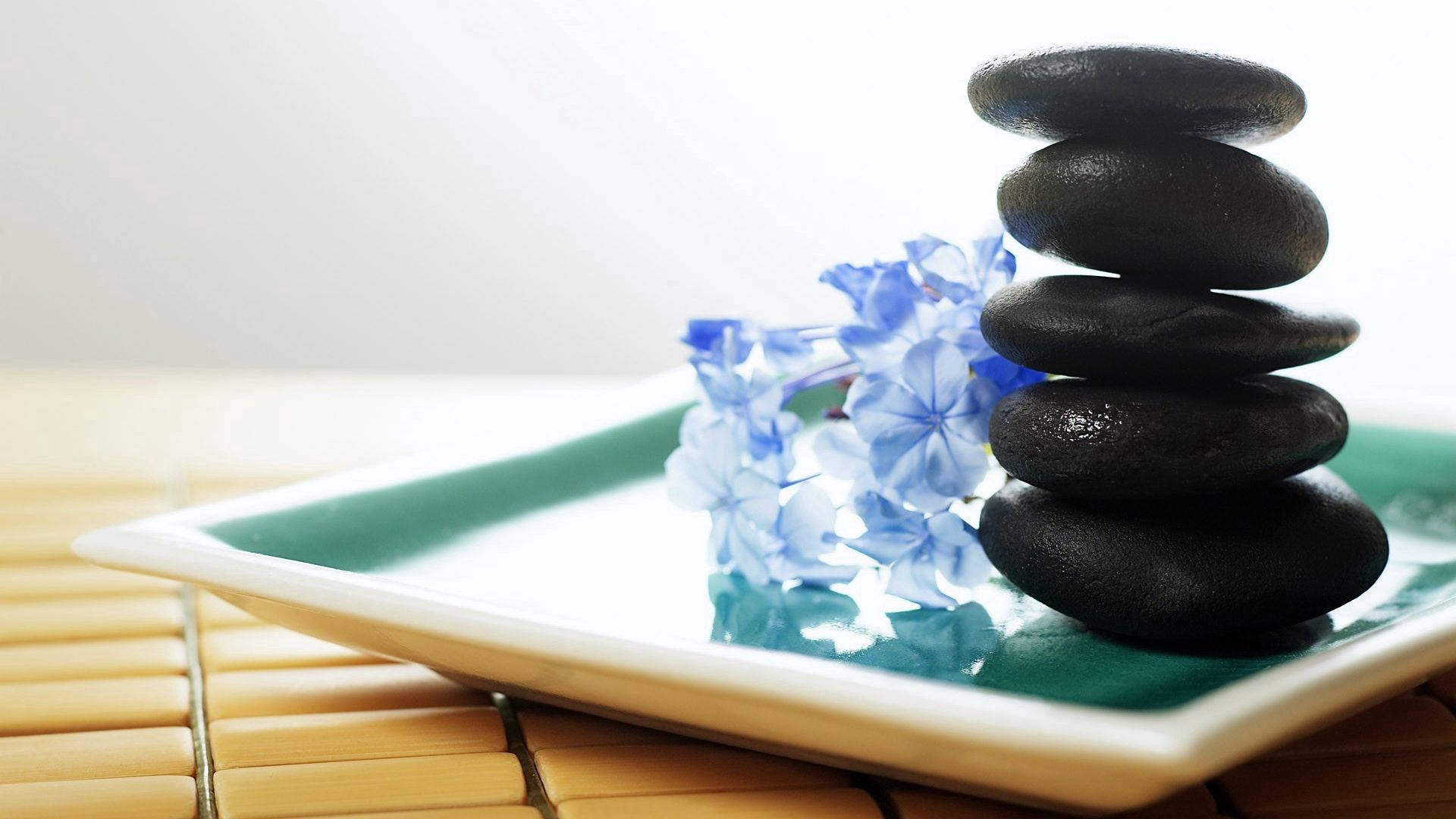 Black Balanced Zen Stones With Blue Flowers Therapy Background