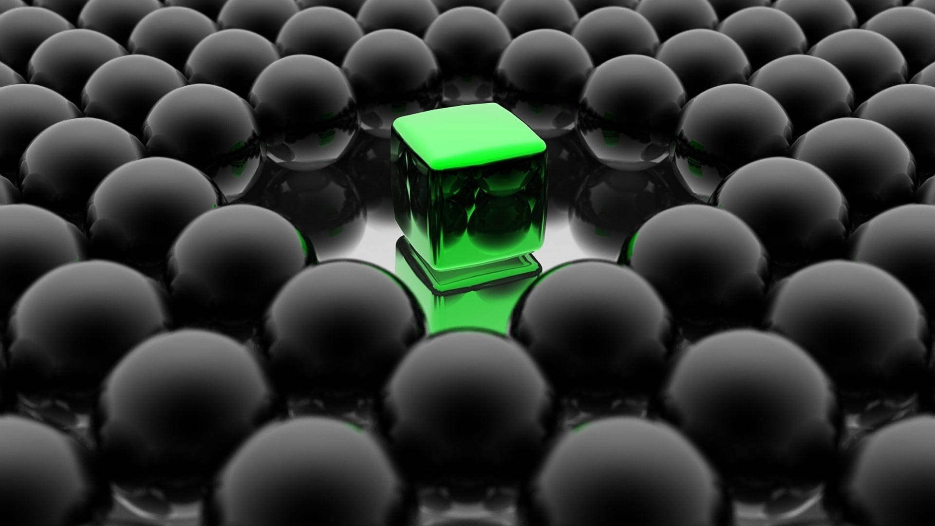 Black Balls Green Cube Background