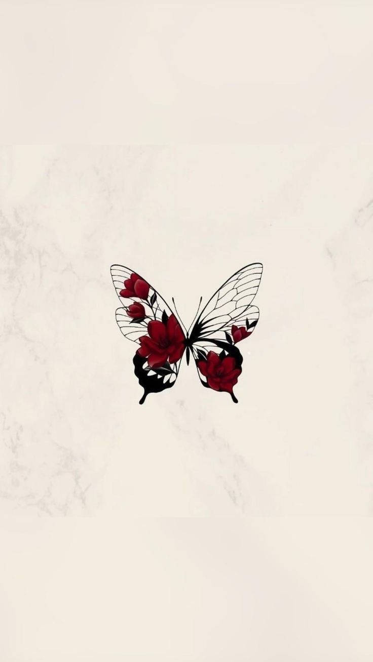 Black Butterfly With Red Flowers Background