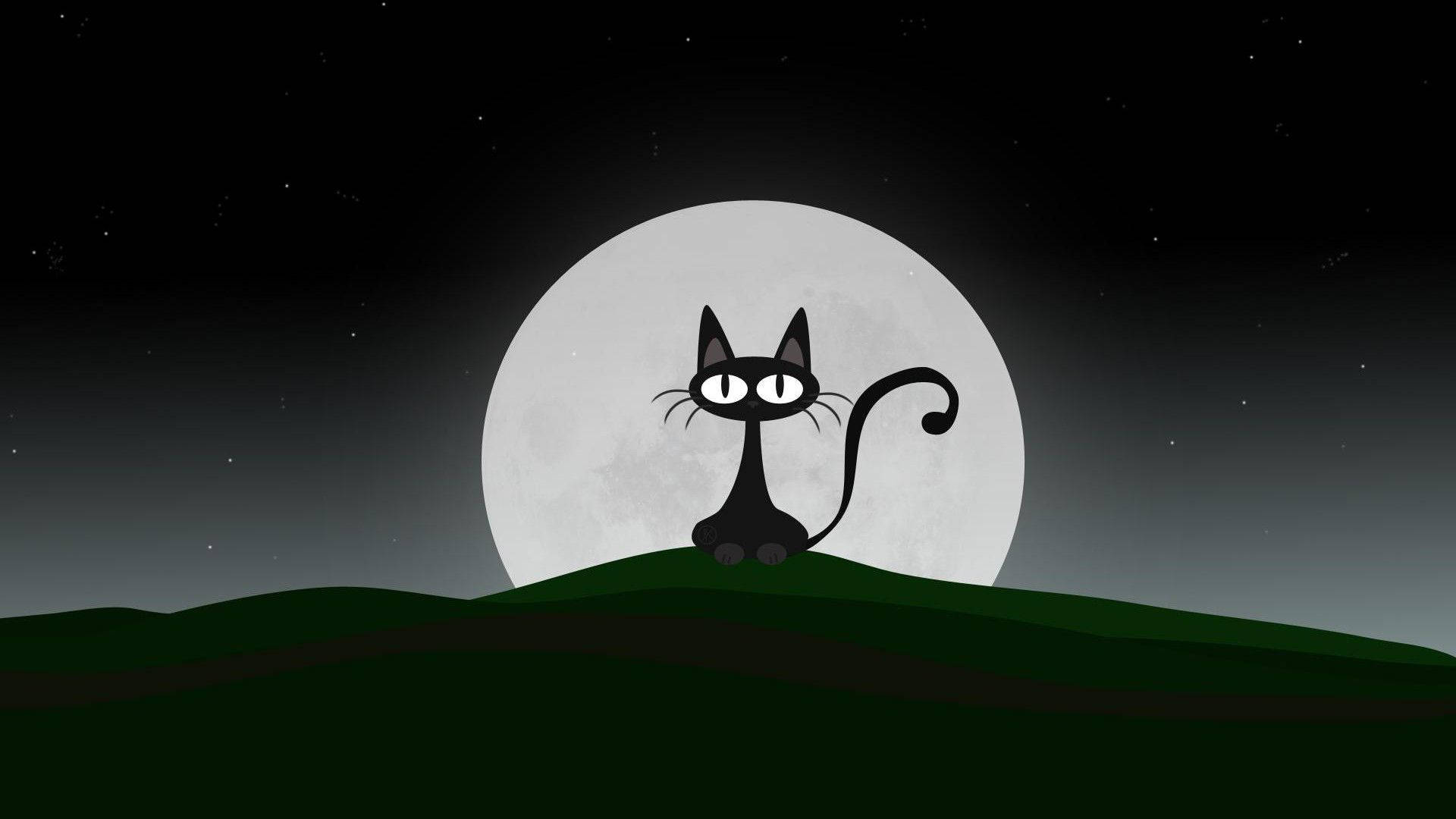 Black Cartoon Cat With Moon Background