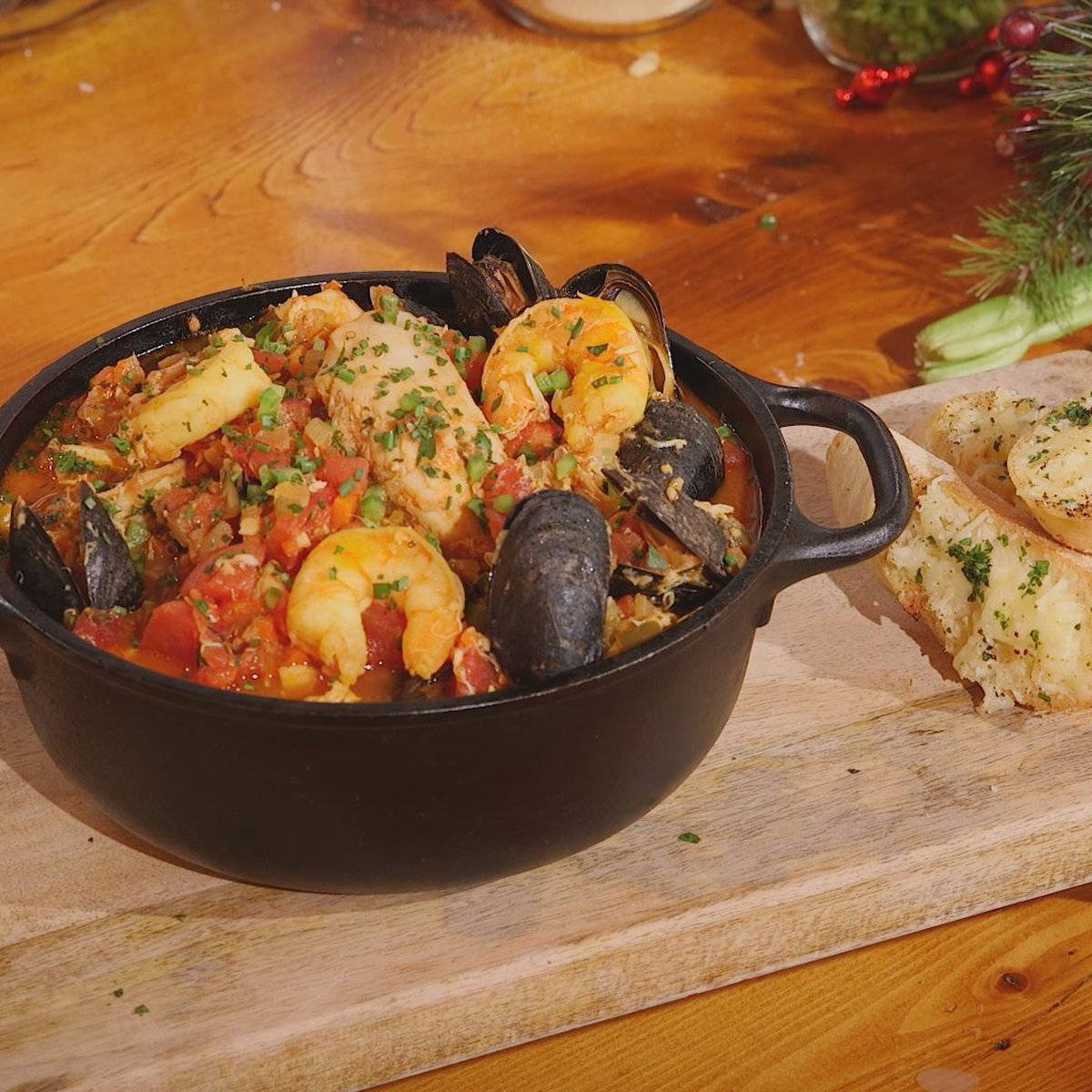 Black Casserole Of French Bouillabaisse Seafood Dish