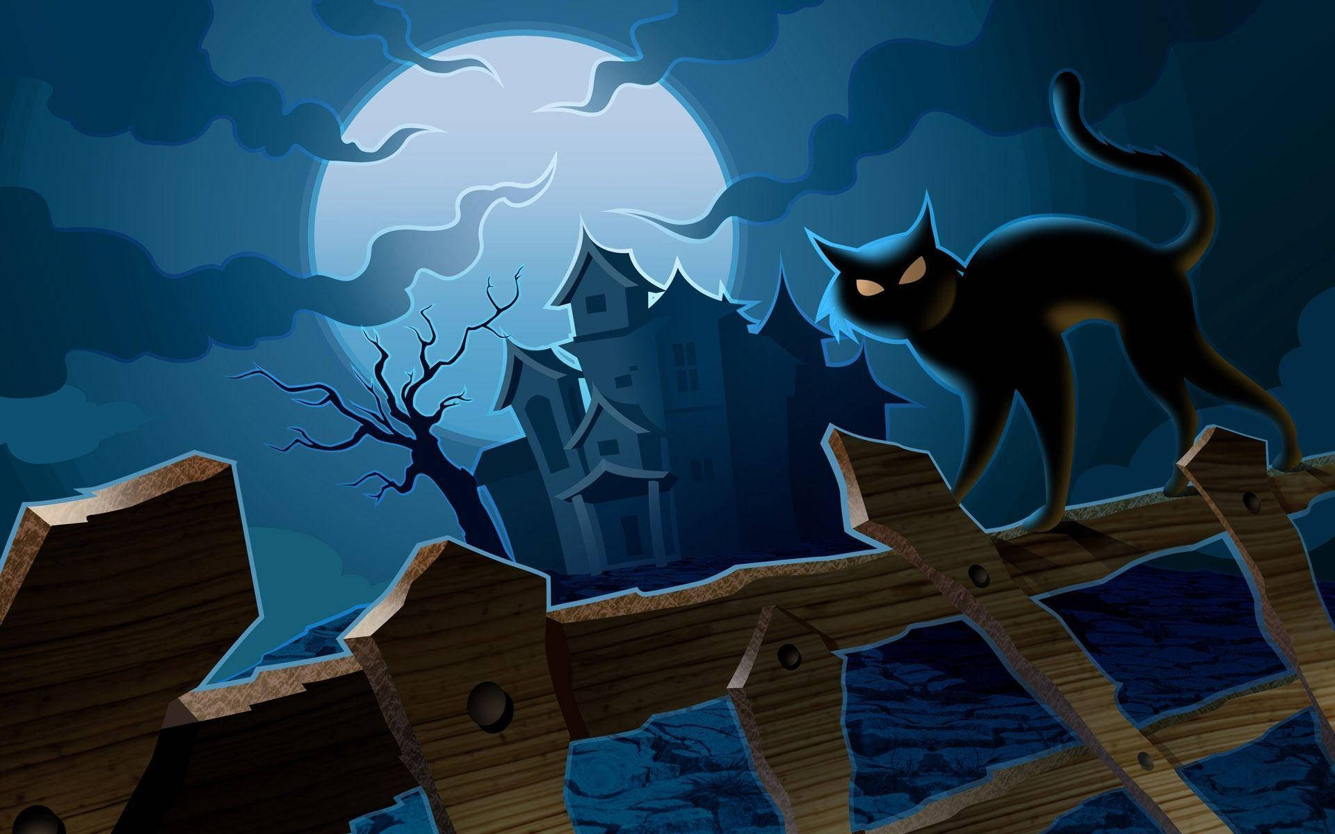 Black Cat Outside Haunted House Background