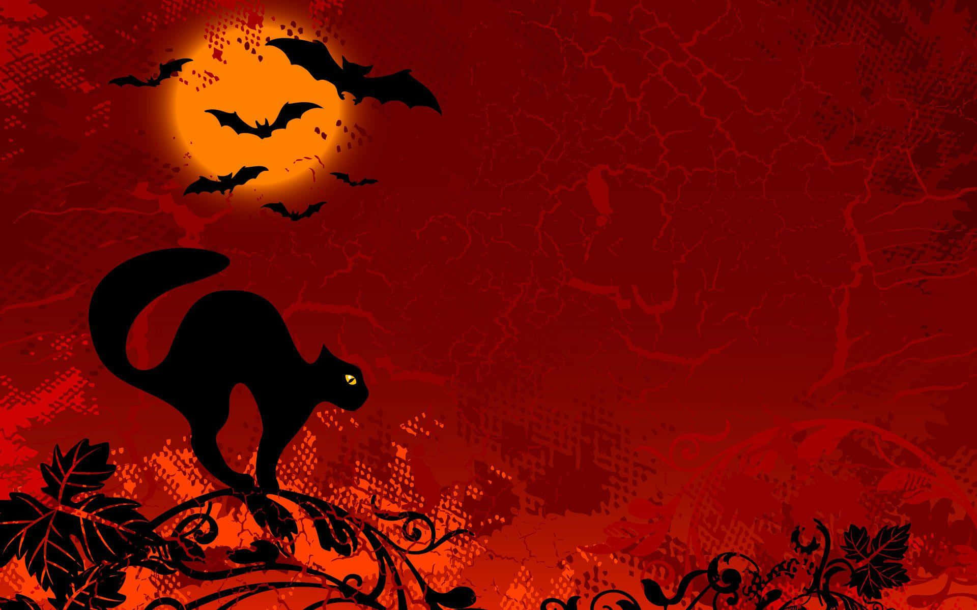Black Cat With Pumpkins On Halloween Background
