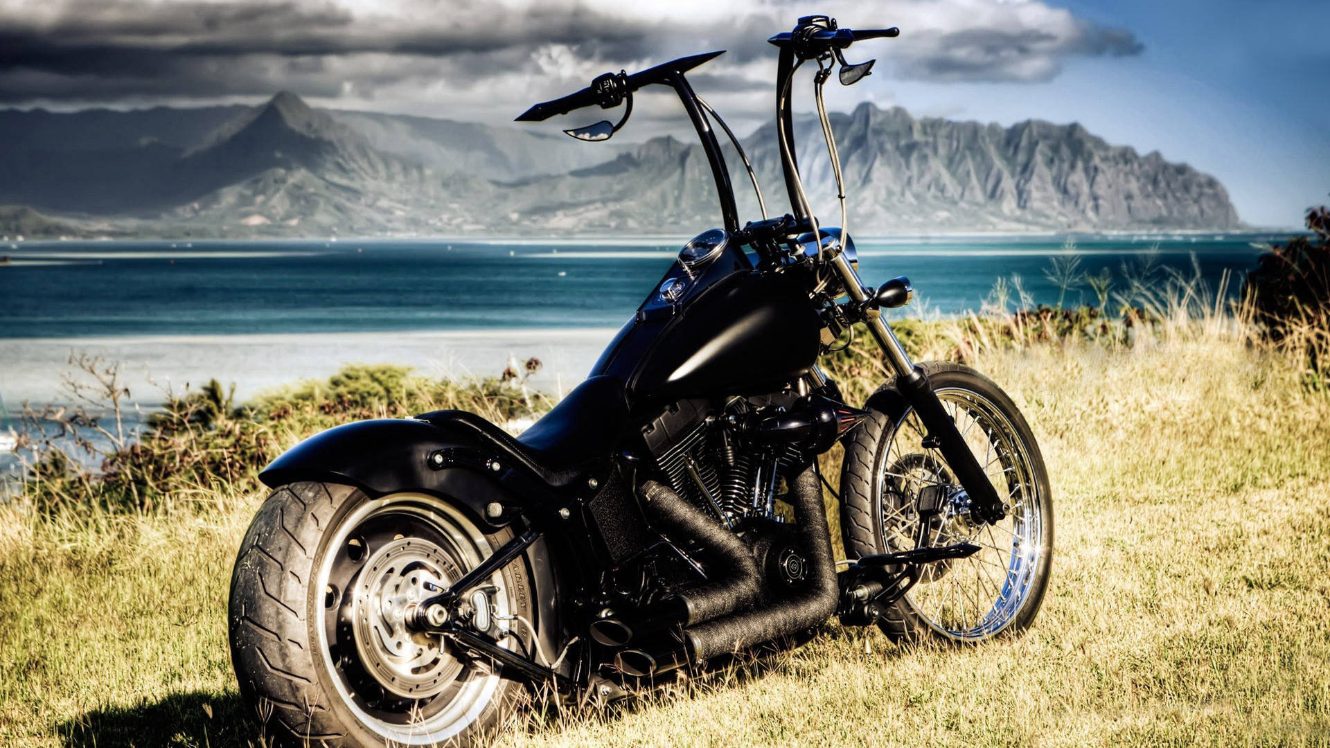 Black Chopper Motorcycle On Fields Background