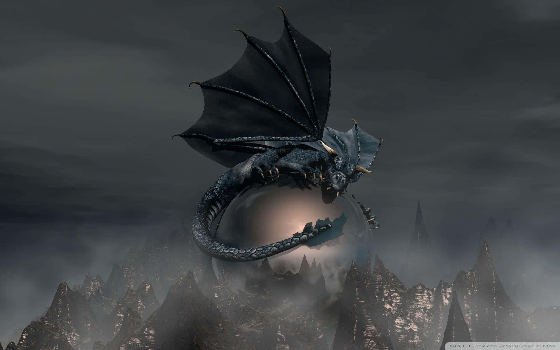 Black Dragon Flying Above Mountains Background