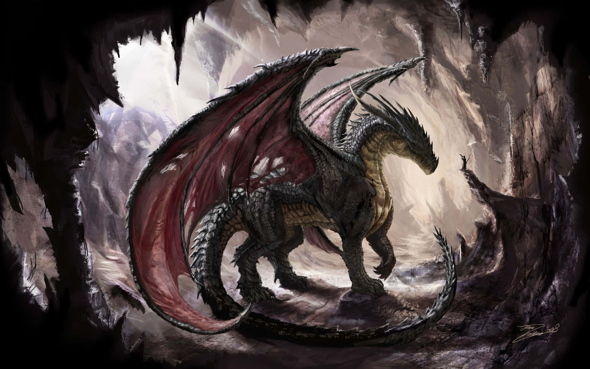 Black Dragon Inside A Cave Background