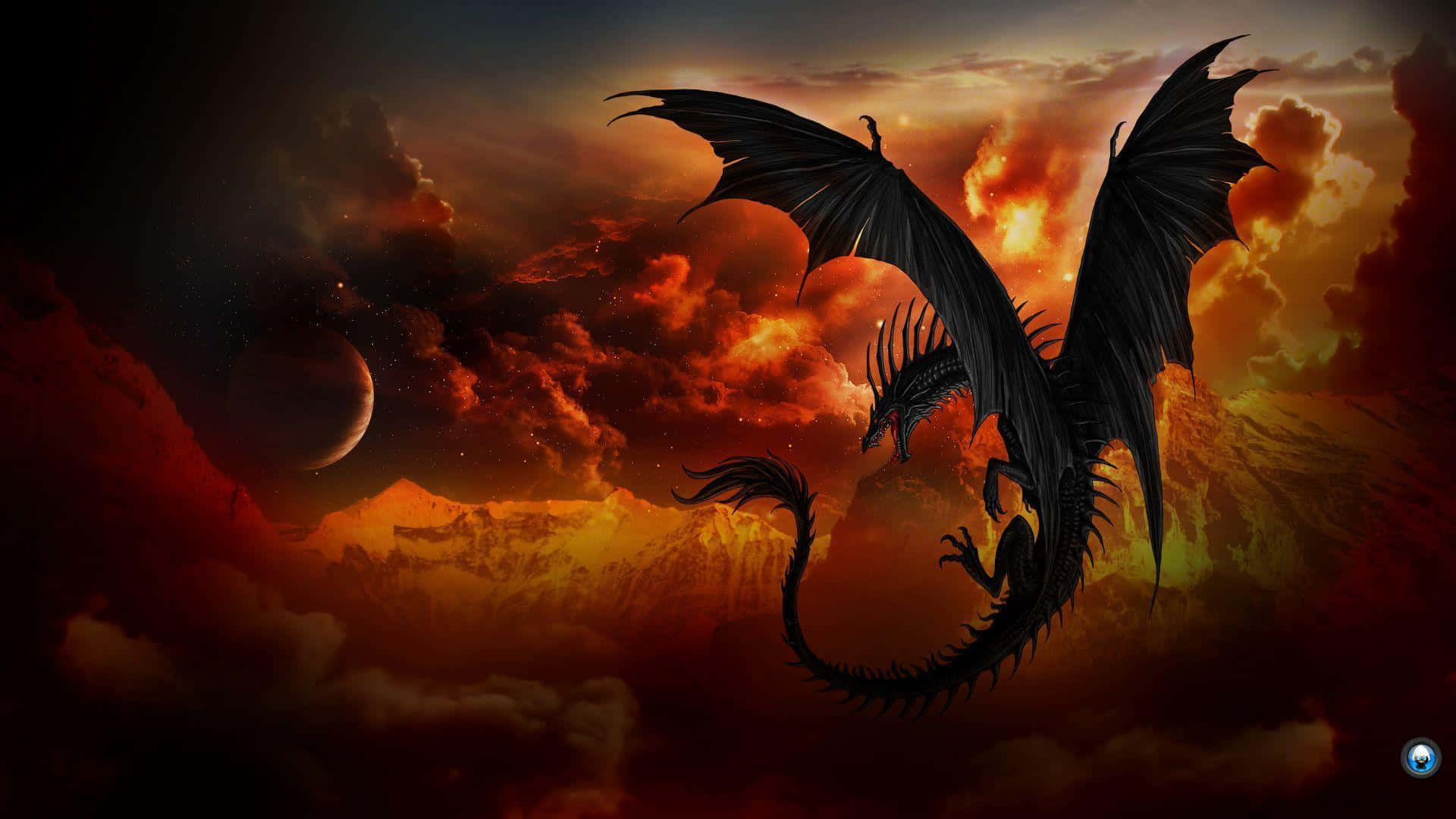 Black Dragon With An Exploding Volcano Background