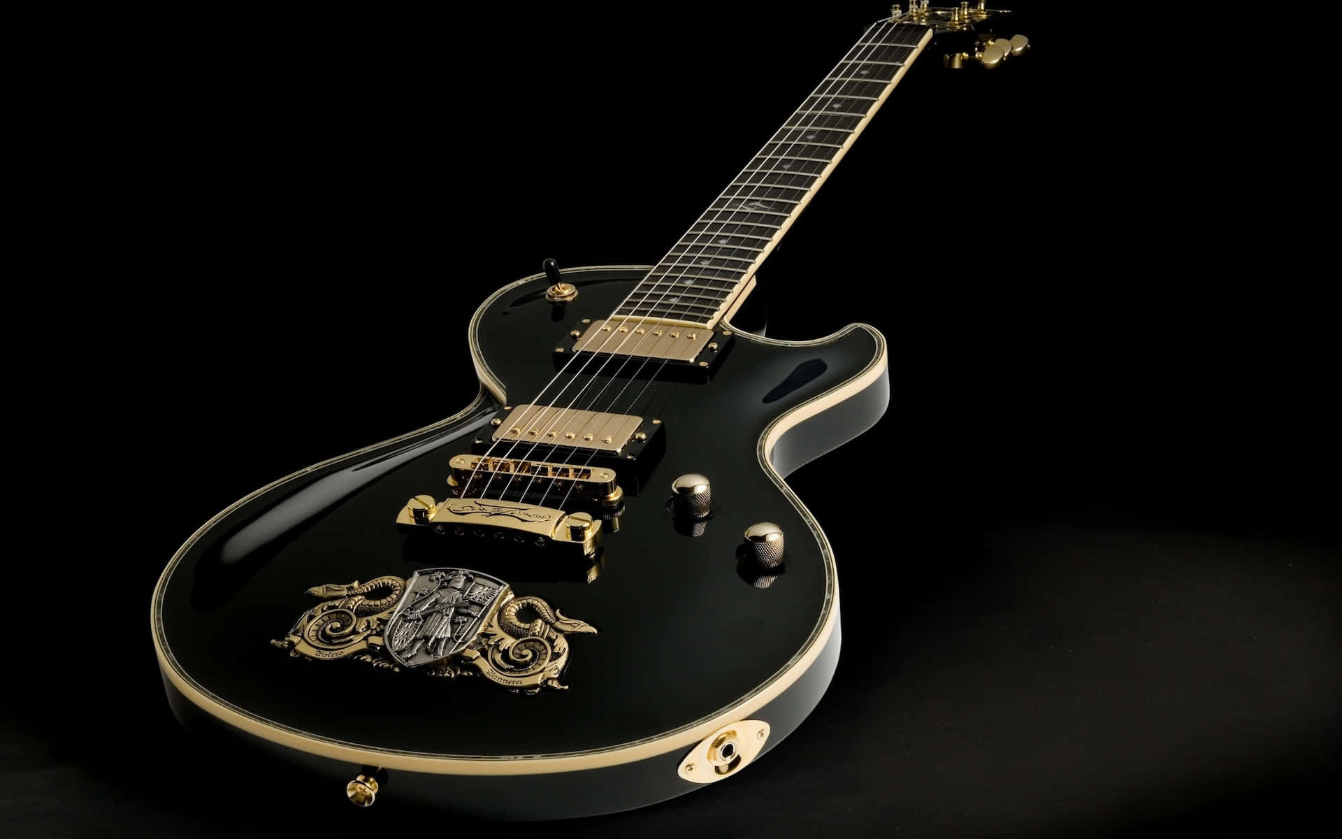 Black Electric Guitar Gold Details Background