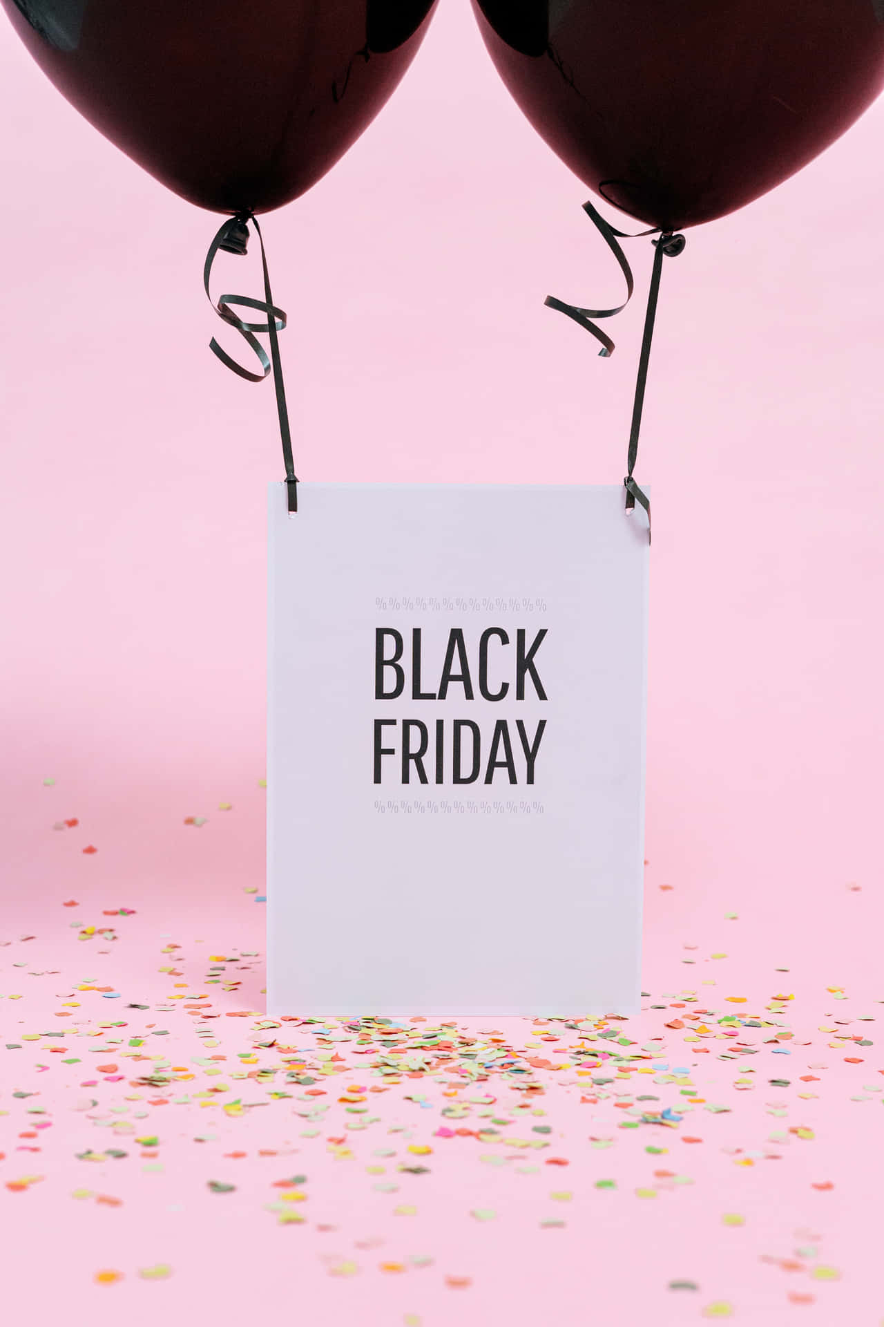 Black Friday Balloons With Confetti On Pink Background