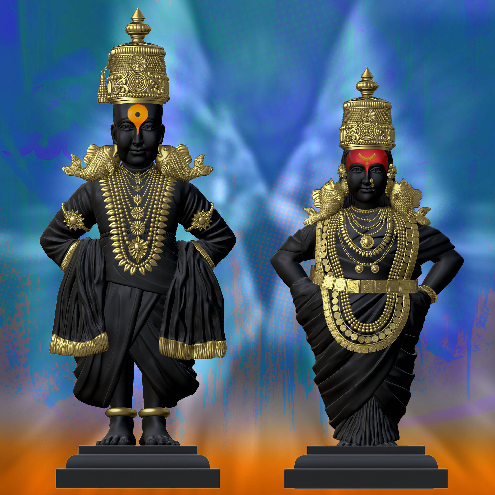 Black Gold Lord Pandurang And Rukmini Statues