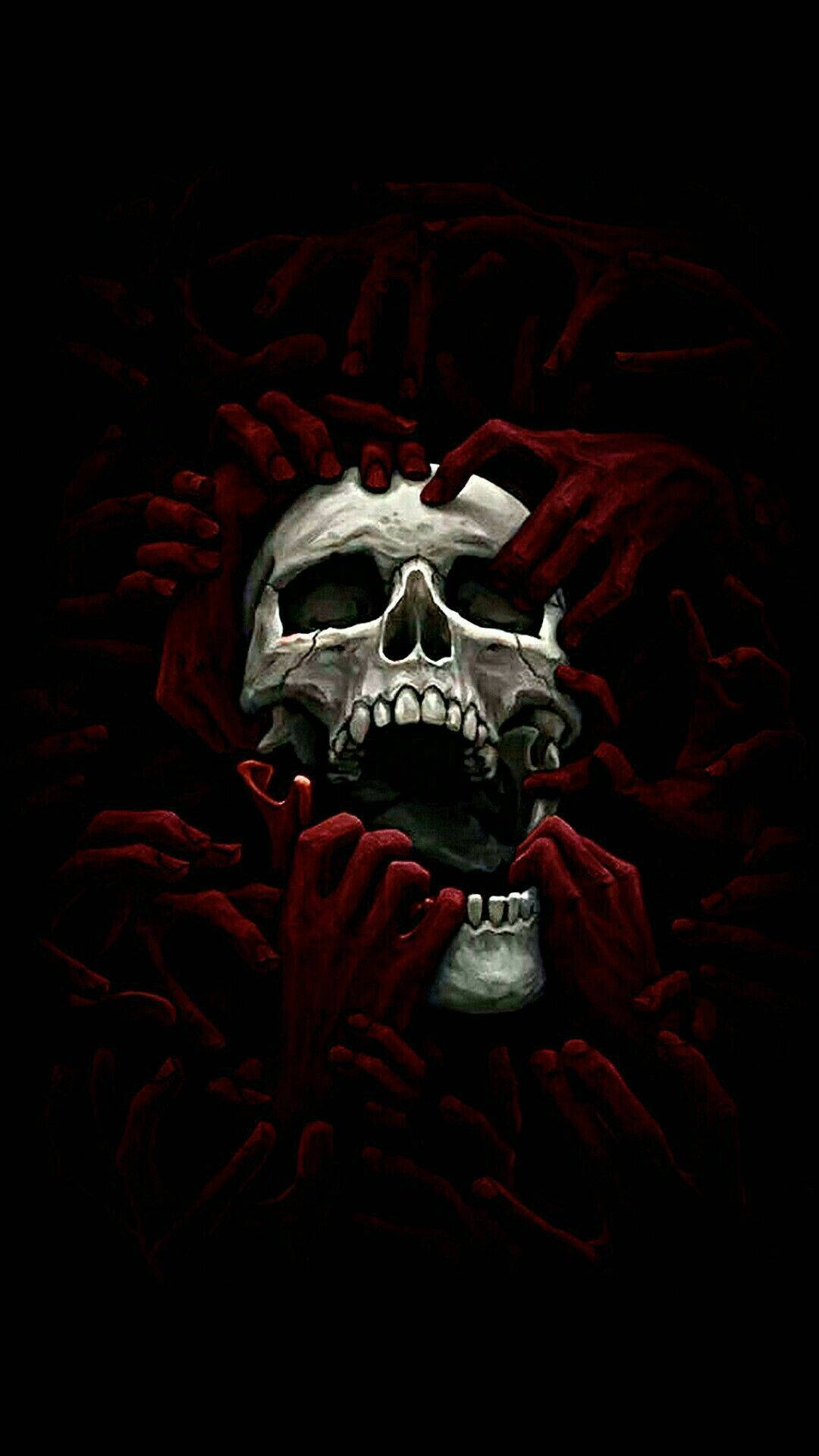 Black Horror Red Hands On Skull Background