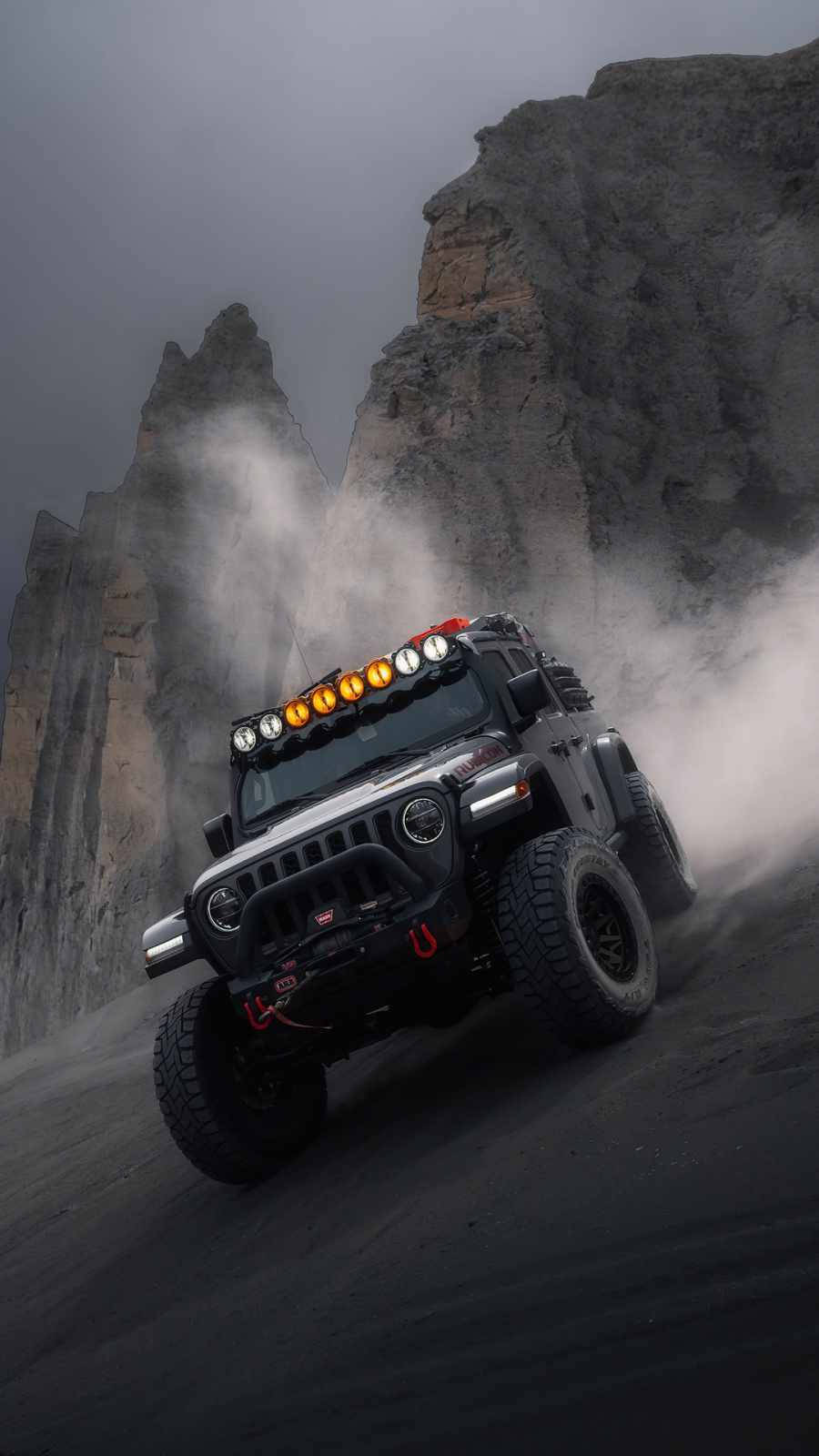 Black Jeep Wrangler On Black Dunes Background