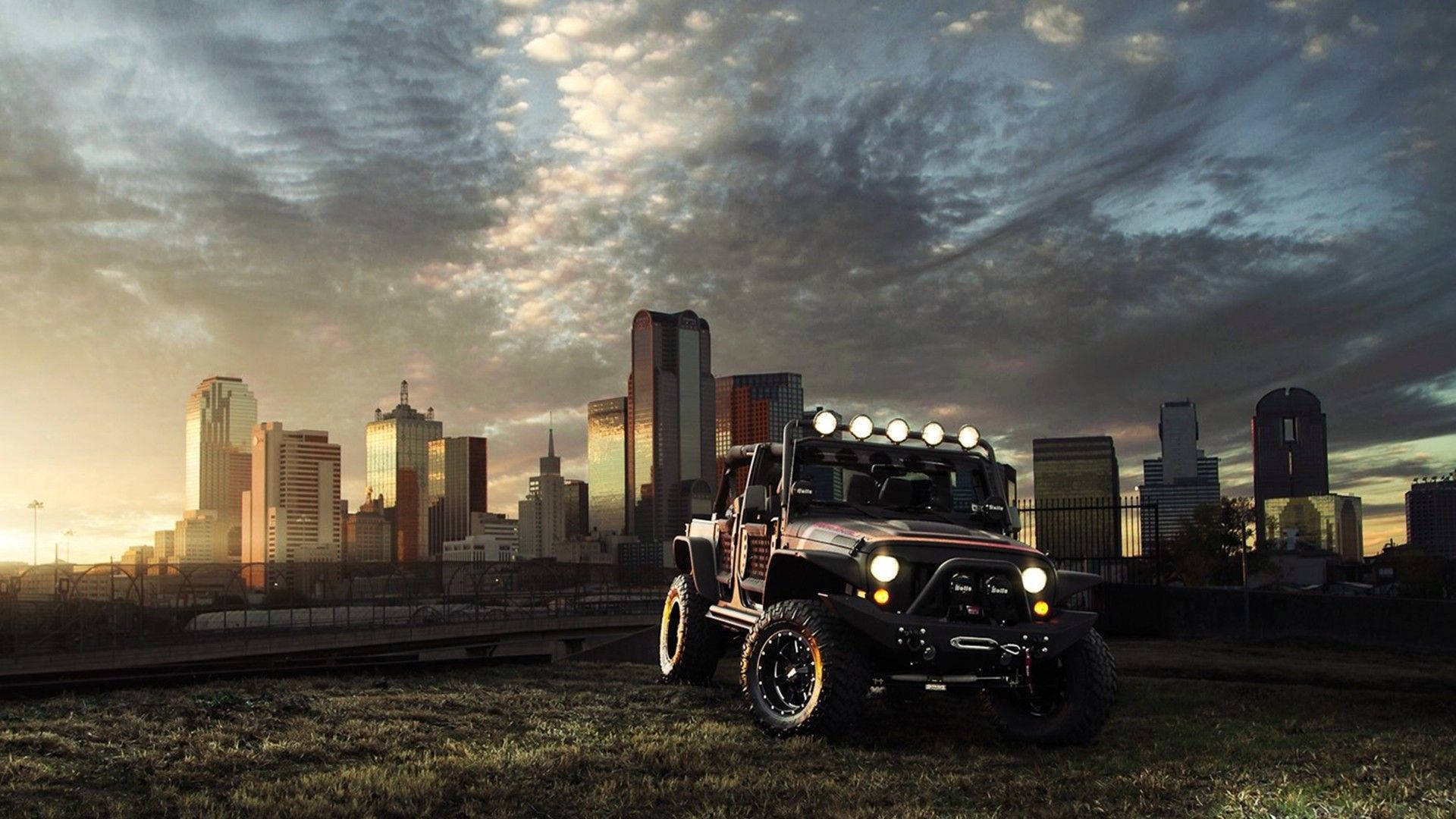 Black Jeep Wrangler With Skyscrapers