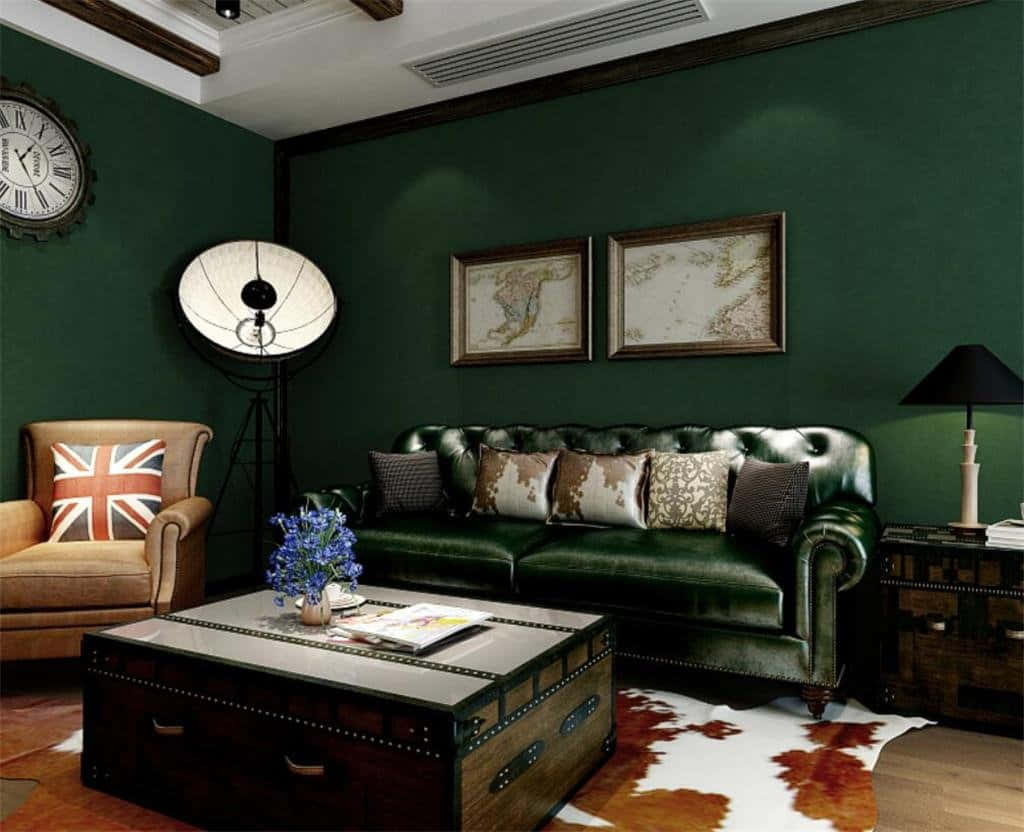 Black Leather Couch In Green Living Room Background