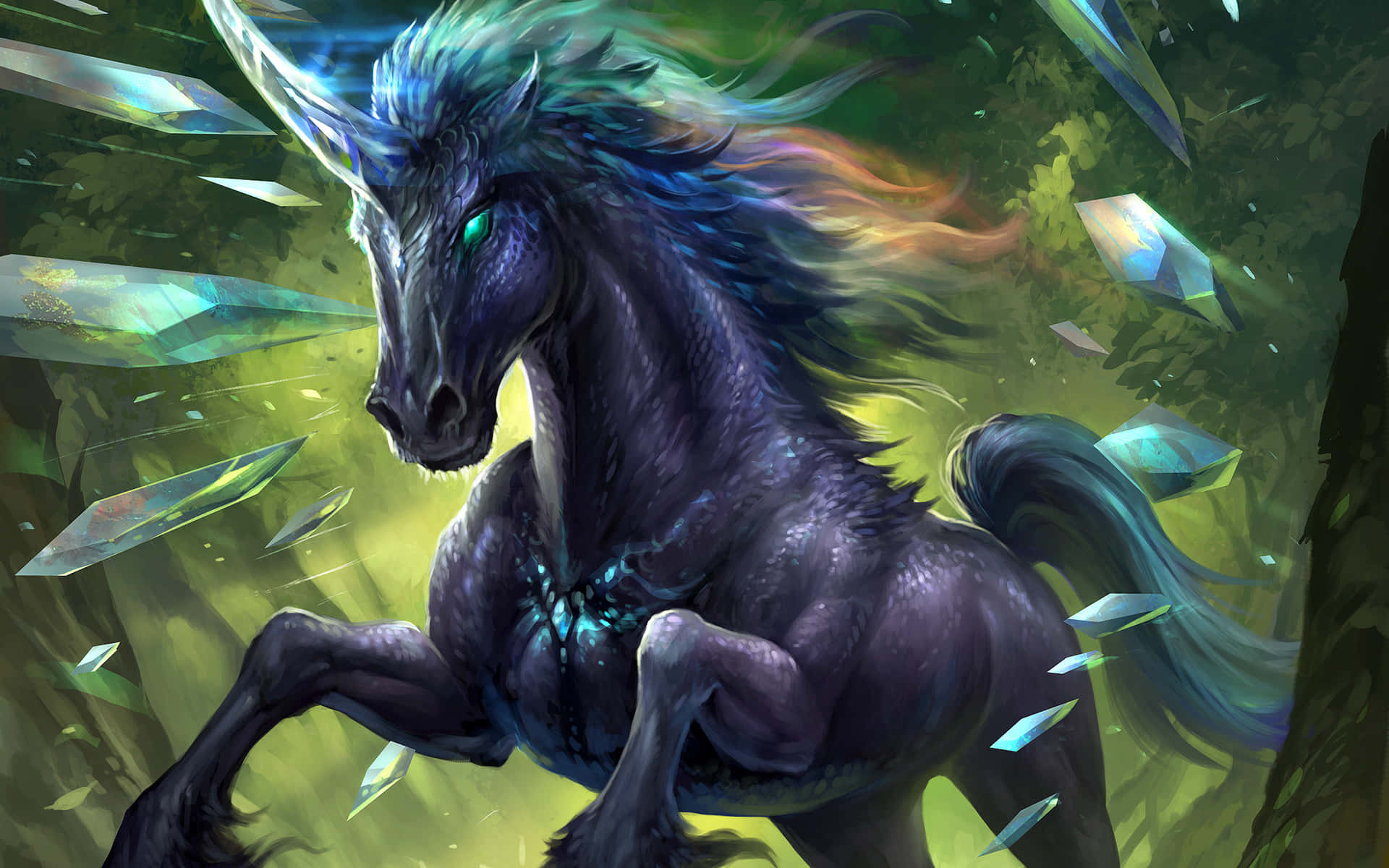 Black Magical Unicorn Emerald Crystal Background