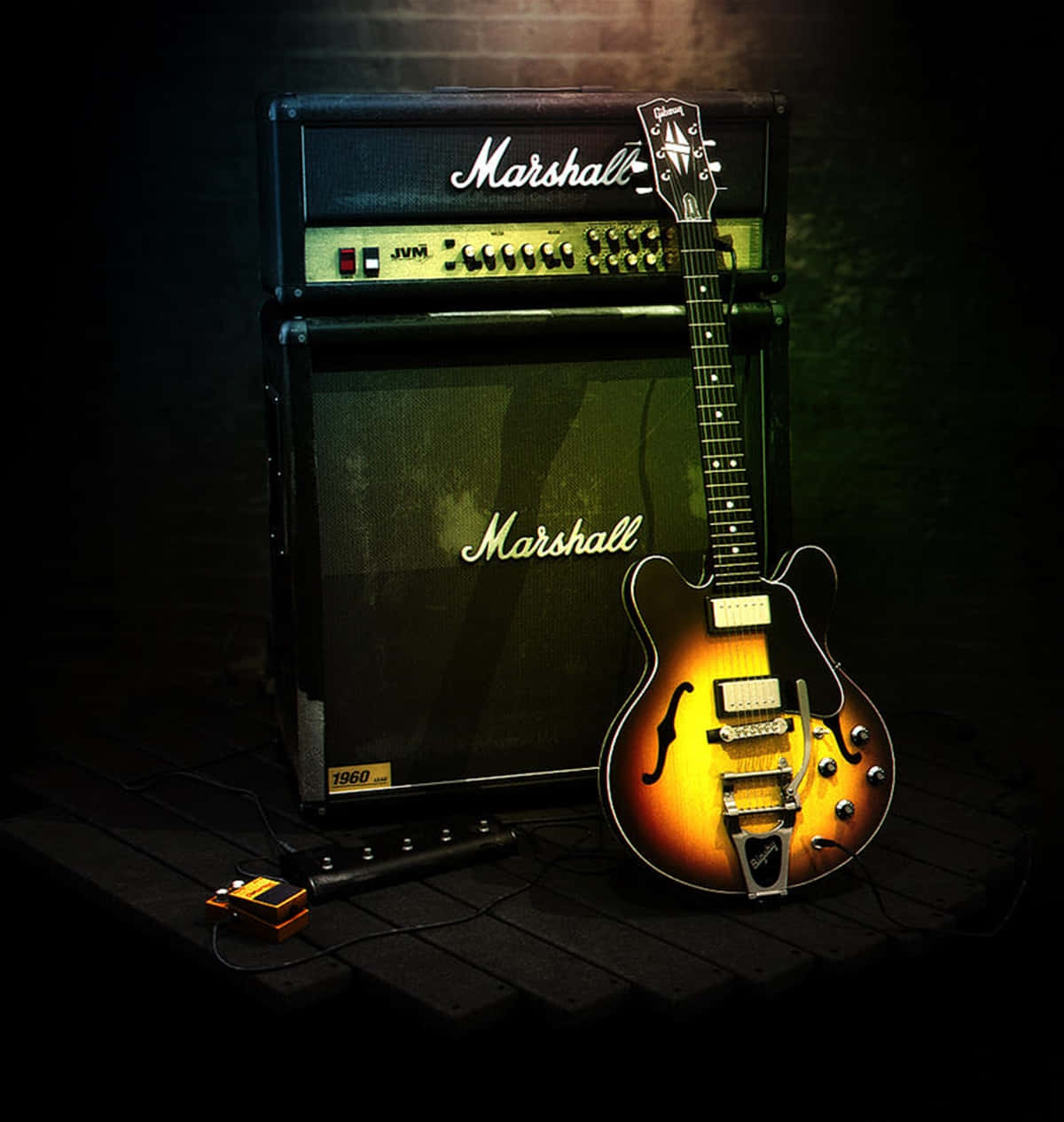 Black Orange Gibson 335 With Amplifier Background