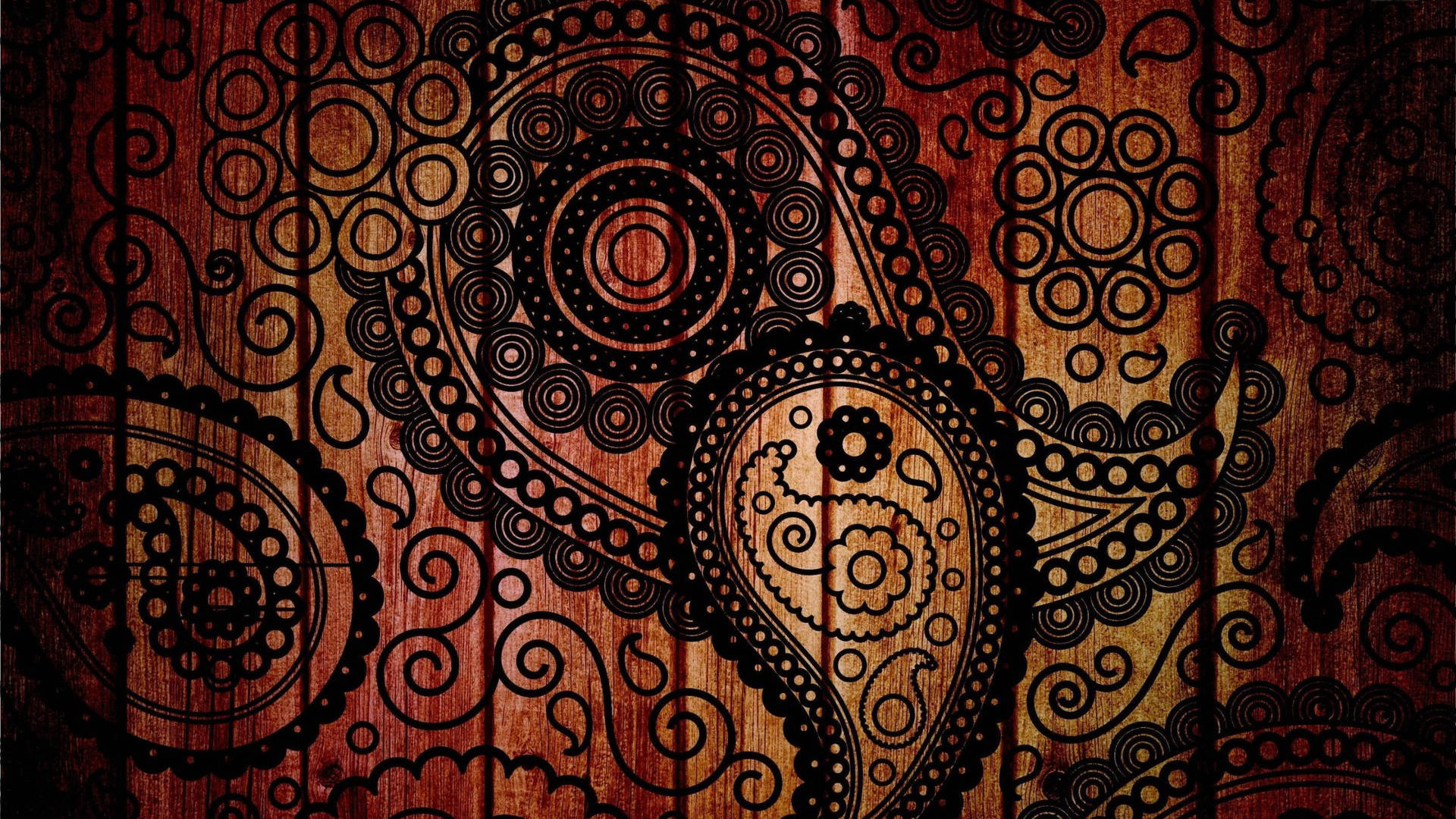 Black Paisley Print On Wood Background