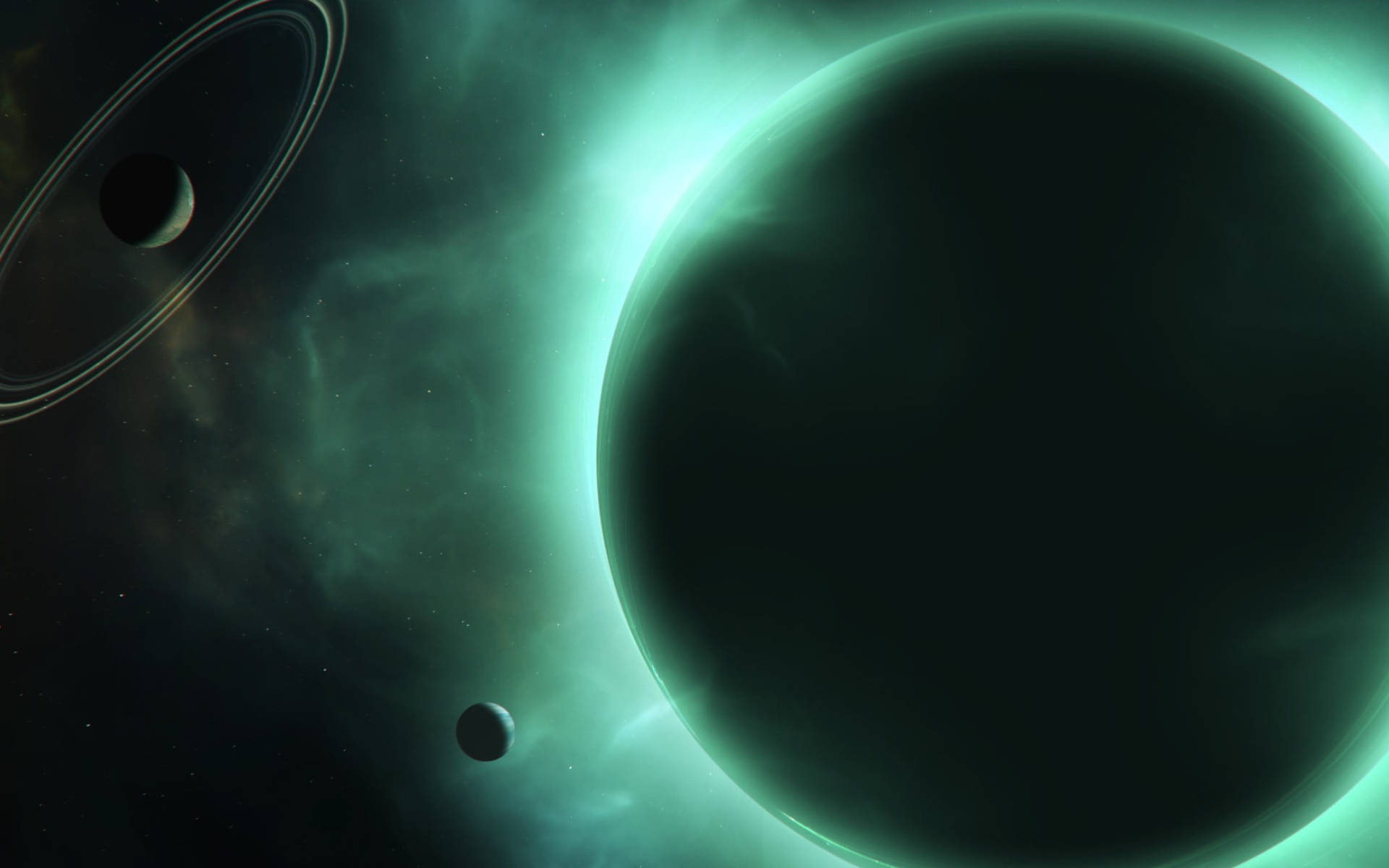 Black Planet In Bright Green Cosmos Background