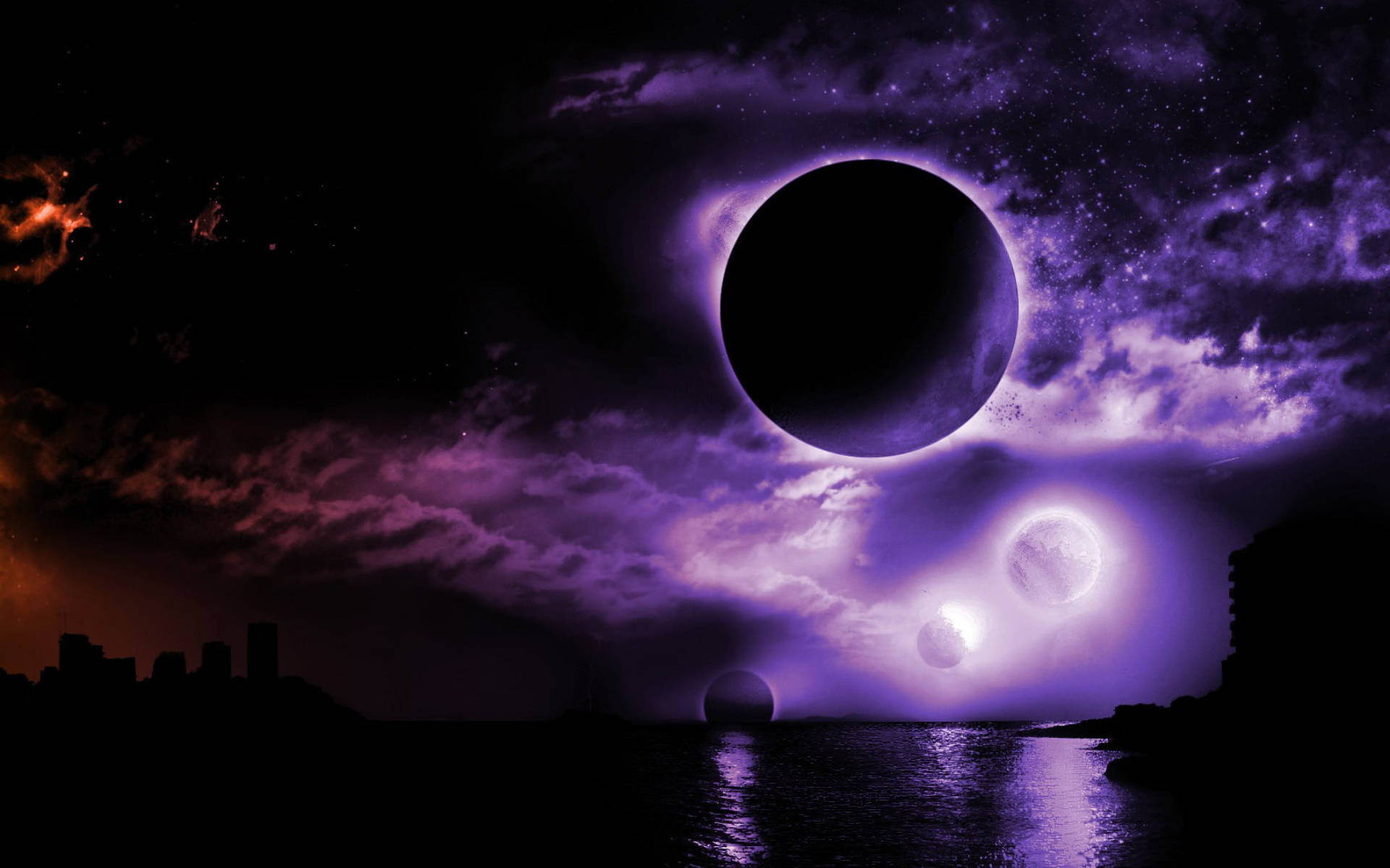Black Planets In Purple Night Sky