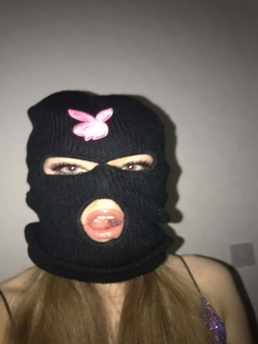 Black Ski Mask Girl With Pink Bunny Logo Background
