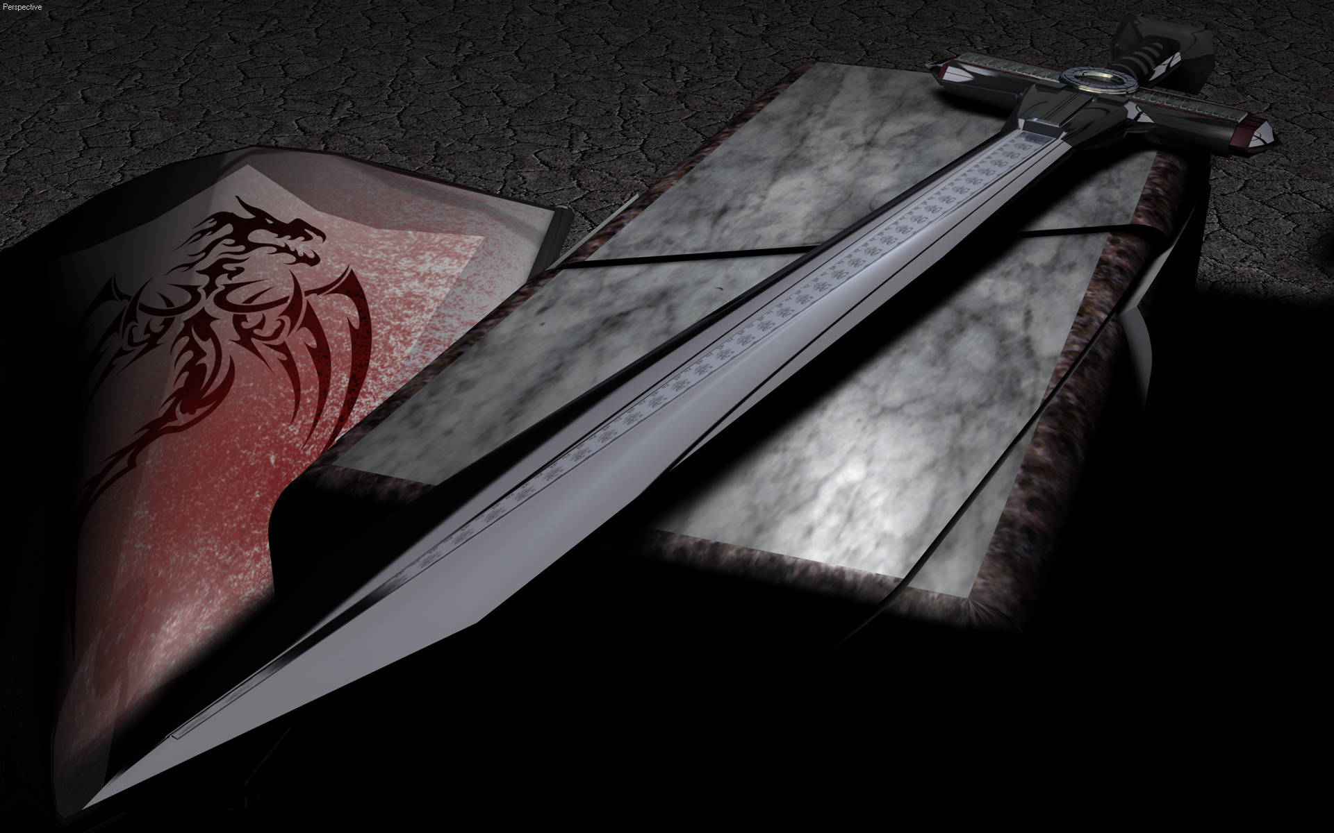 Black Sword On Marble With Shield Background