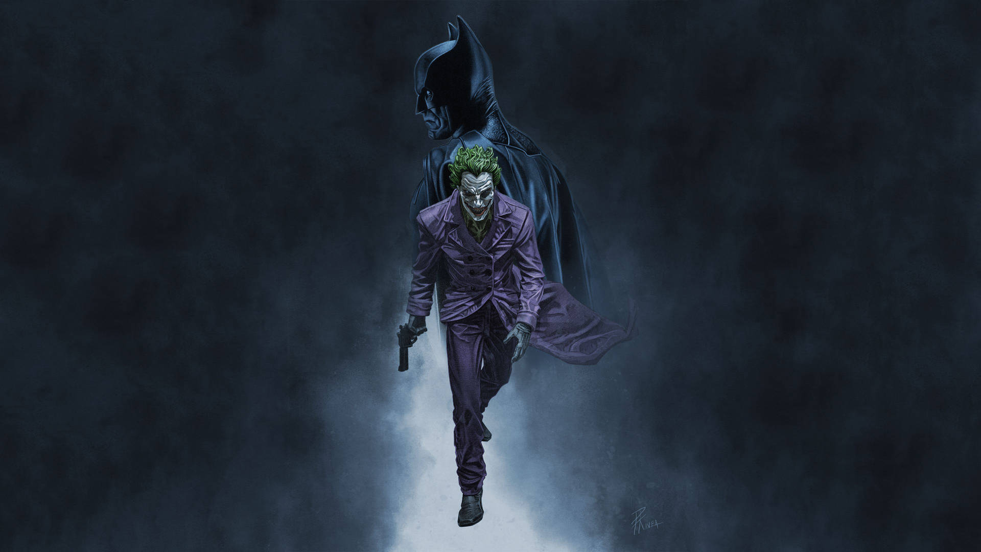 Black Ultra Hd Joker With Batman Looming Background
