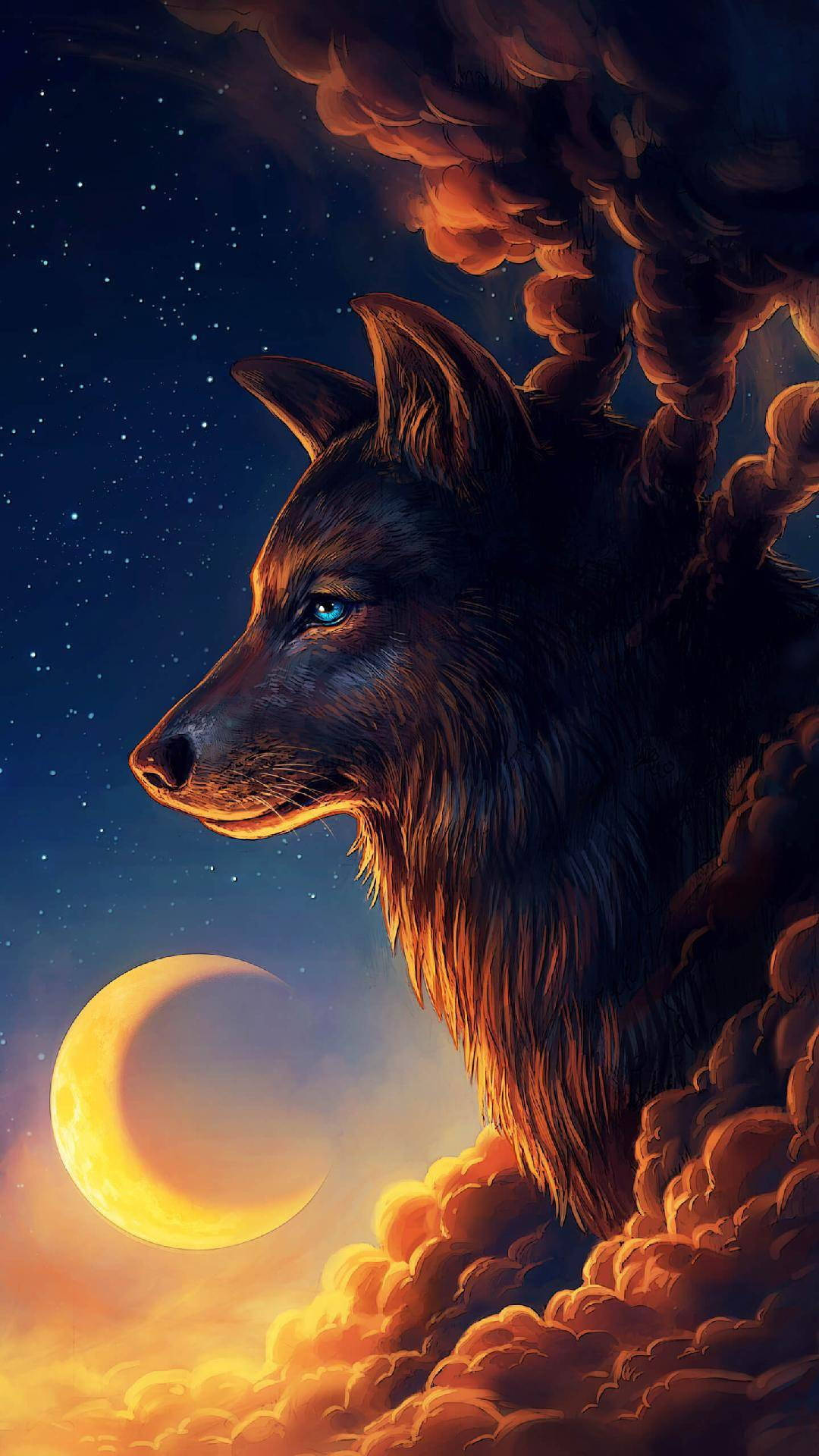 Black Wolf In The Clouds Background