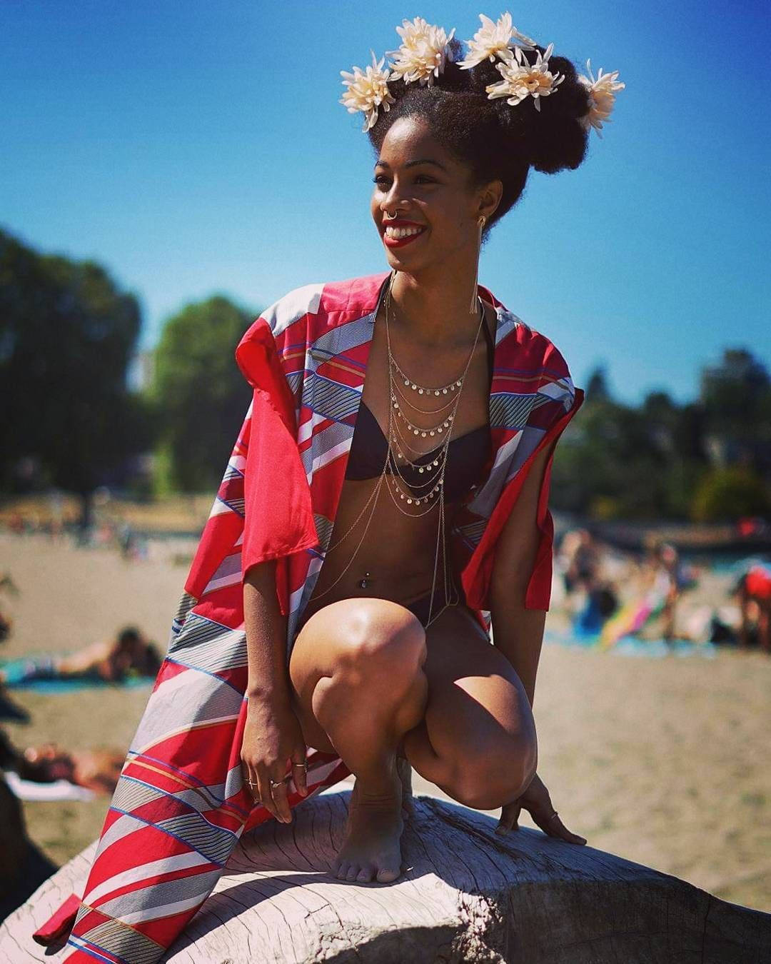 Black Woman In Bikini Flowers Beach Background