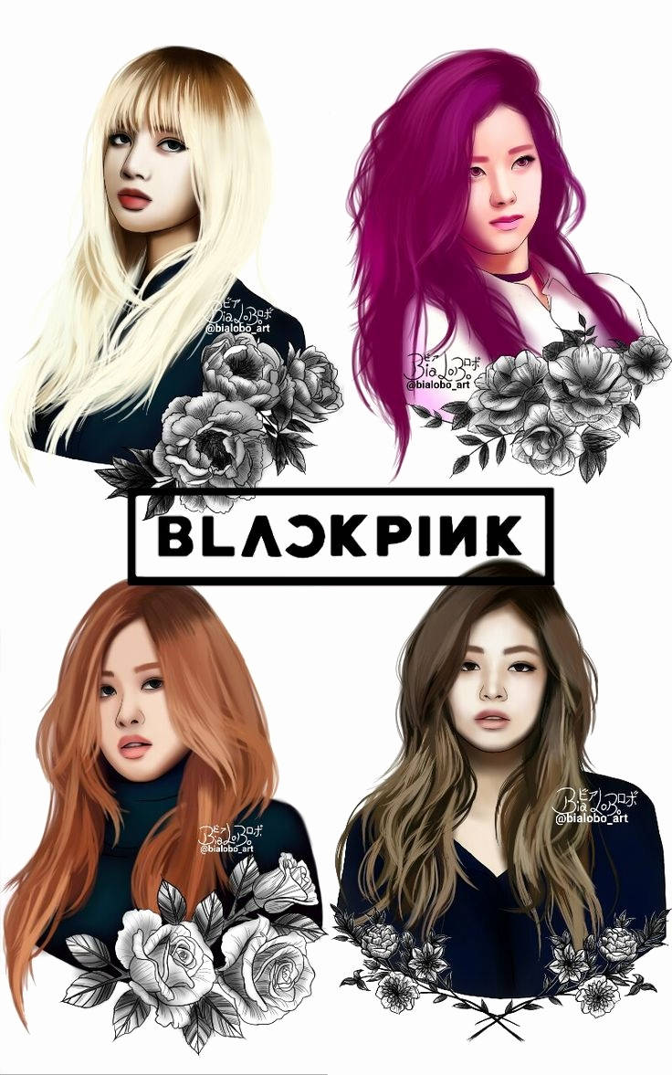 Blackpink Members With Black Flowers Fan Art Background