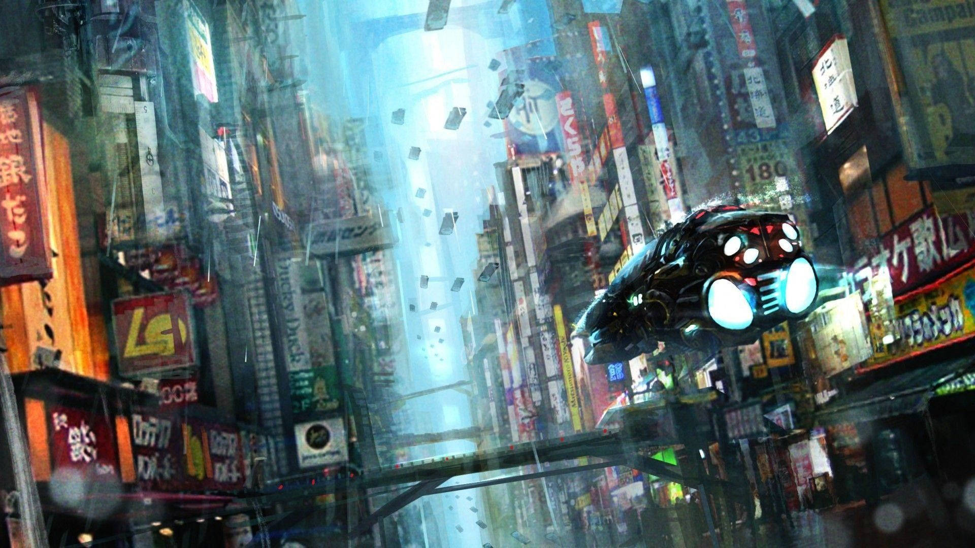 Blade Runner Futuristic City Flying Cars Background