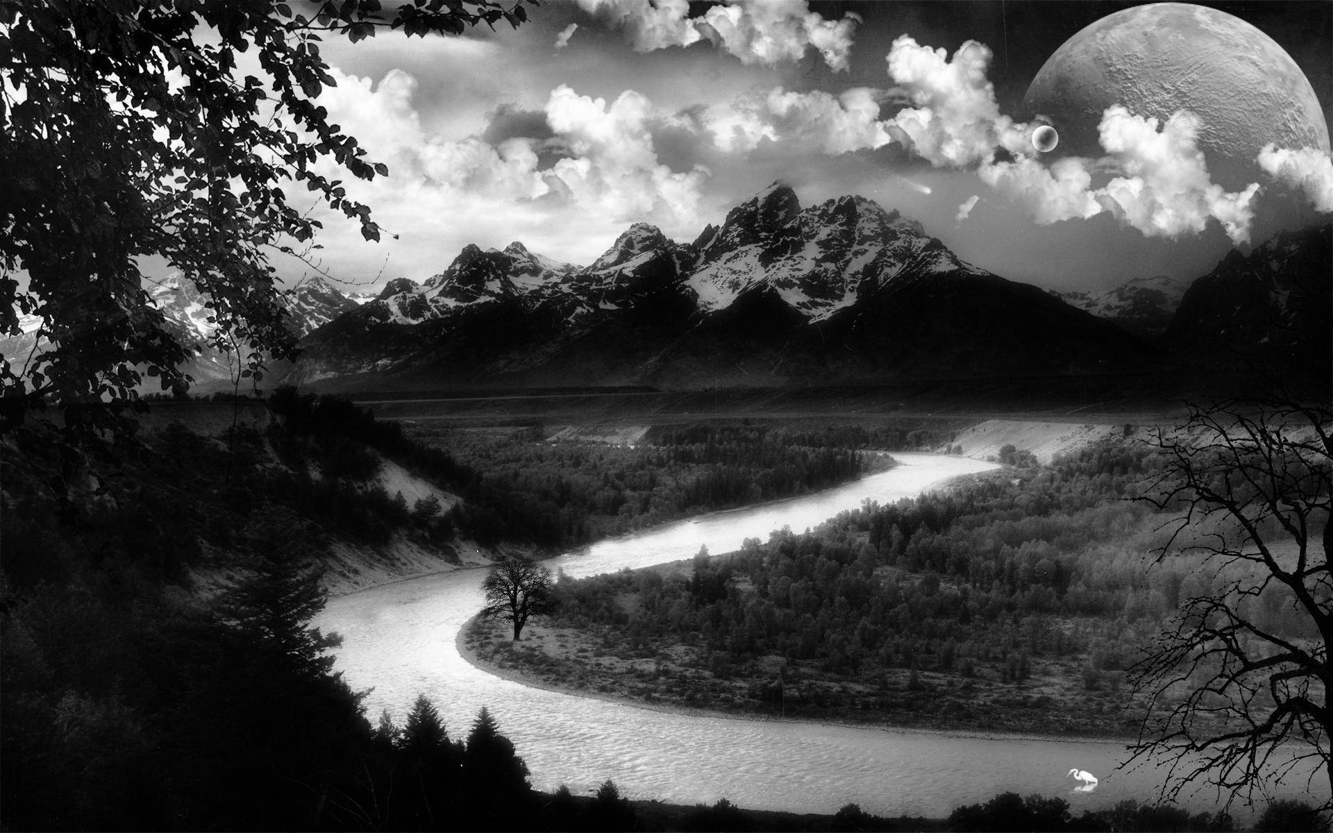 Blank And White River And Mountains Art