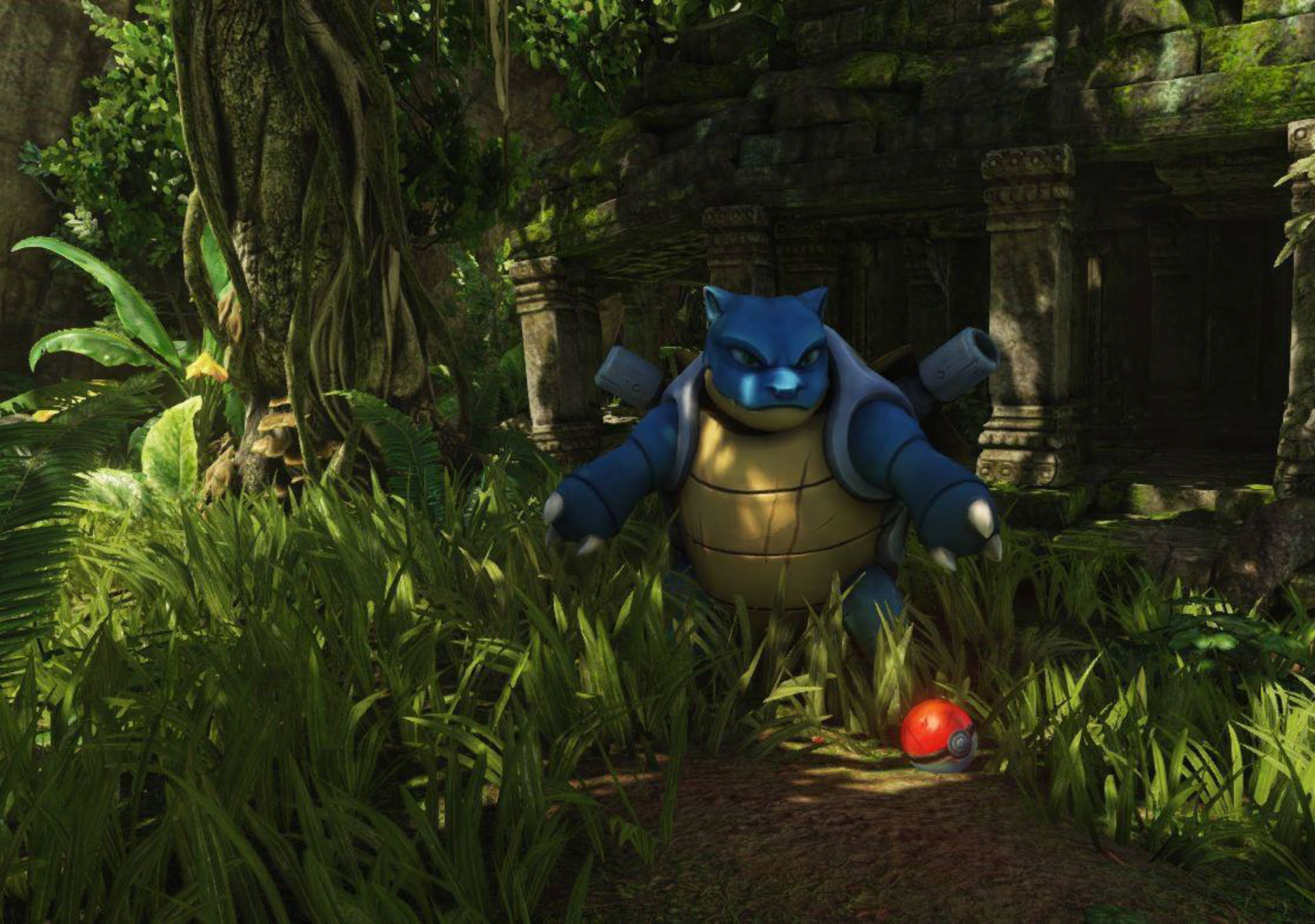 Blastoise, A Powerful And Majestic Pokémon, Proudly Stands In A Lush Jungle.