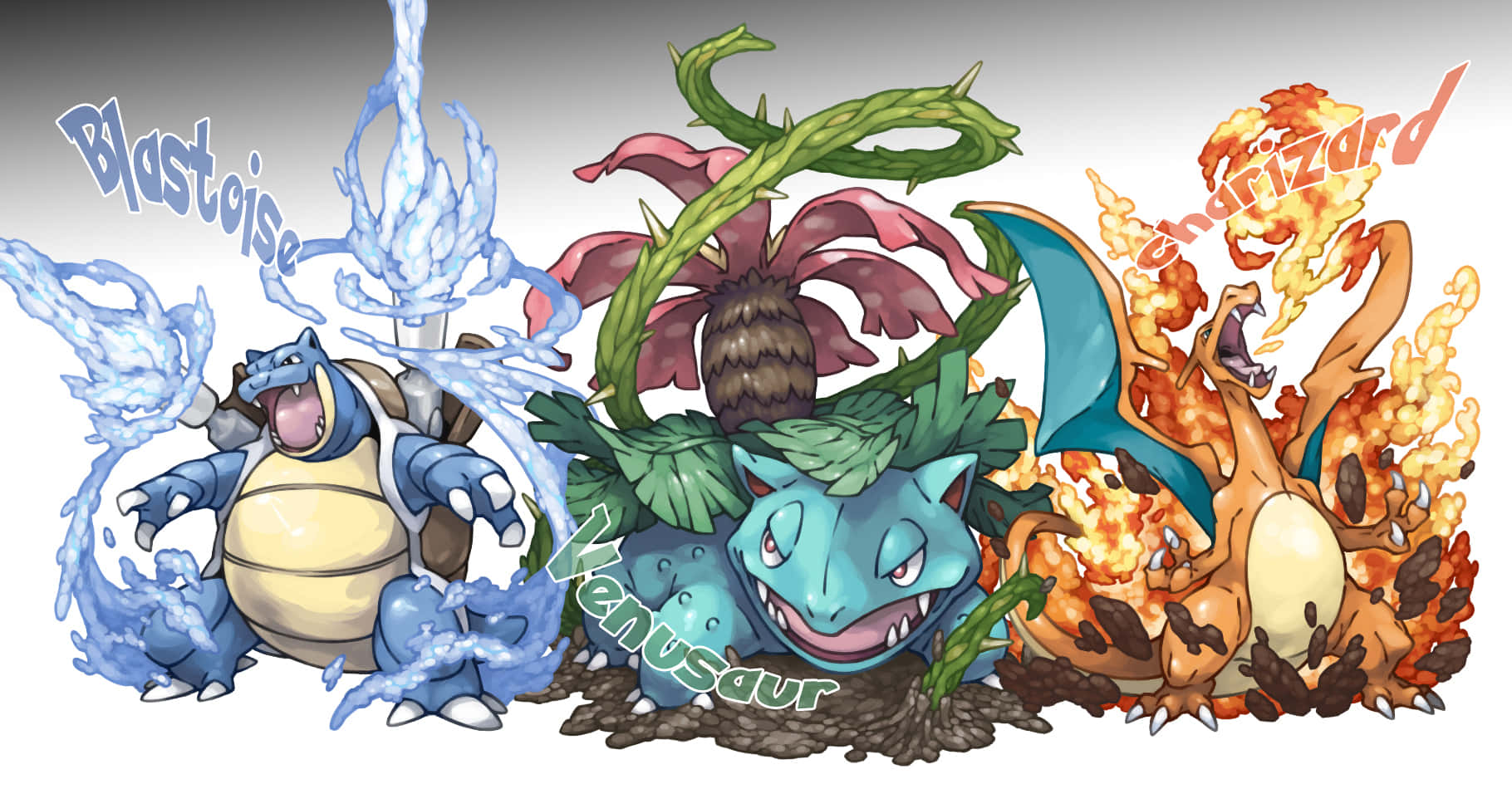 Blastoise, Evolved Ivysaur, And Charmeleon Background