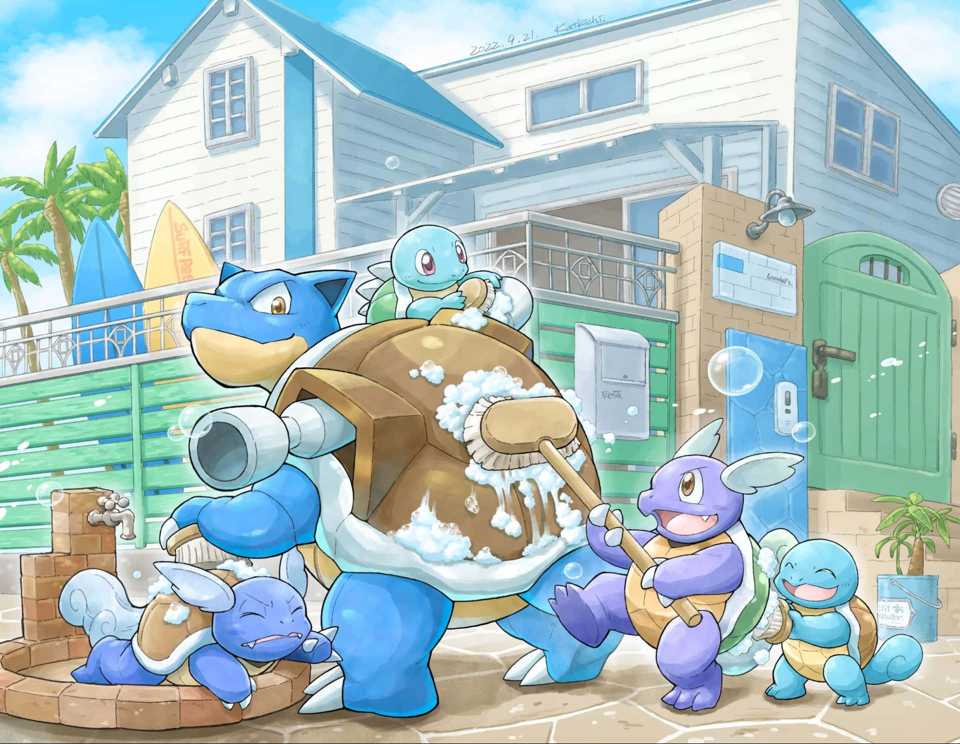 Blastoise, Wartortle, And Squirtle Bathing