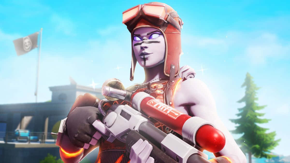 Blaze Fortnite Skin Guarding A Facility Background