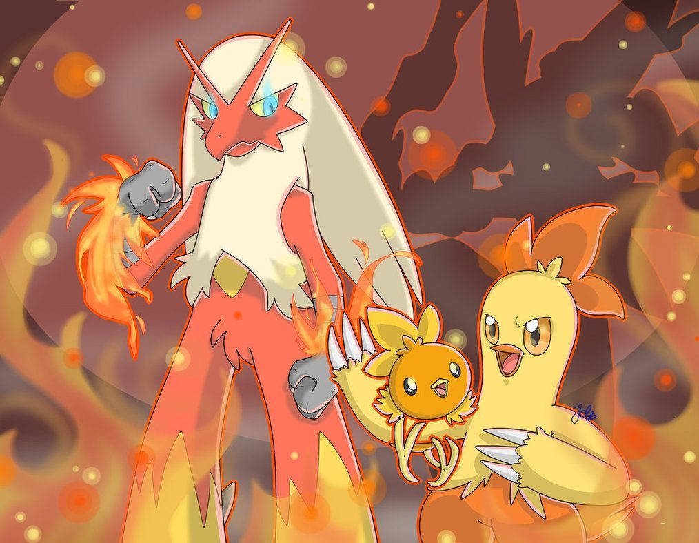 Blaziken Evolving From Torchic And Combusken - A Pokemon Evolutionary Stages Illustration Background