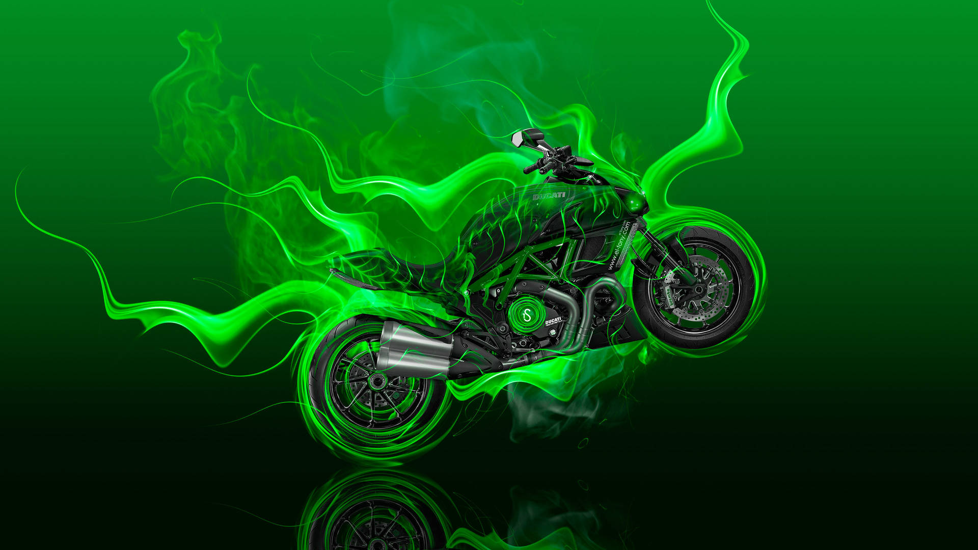 Blazing Motorcycle In Green Fire Background
