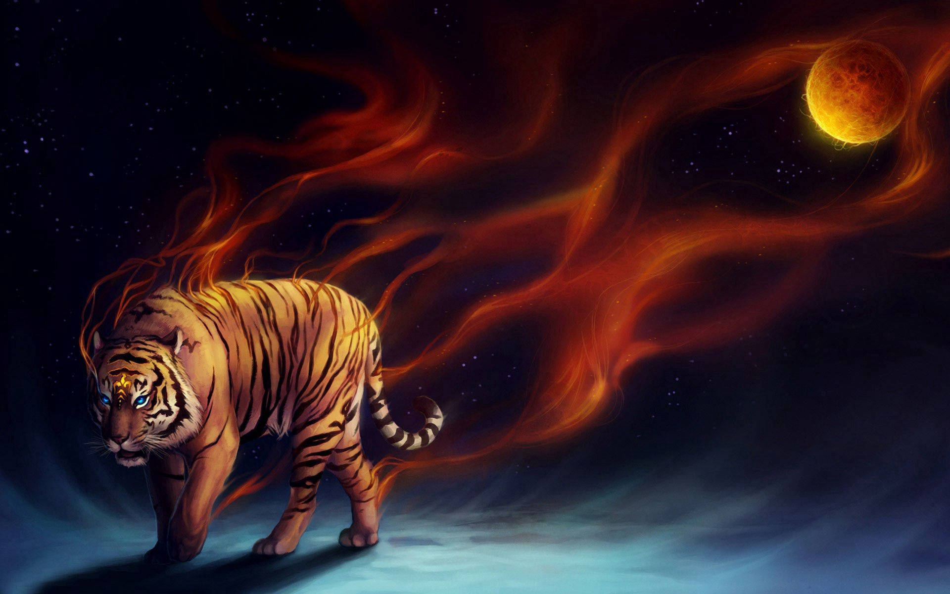 Blazing Tiger And Moon Digital Art Background