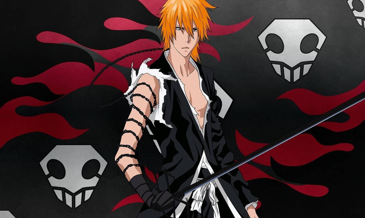 Bleach Ichigo Holding Sword Black And Red Background