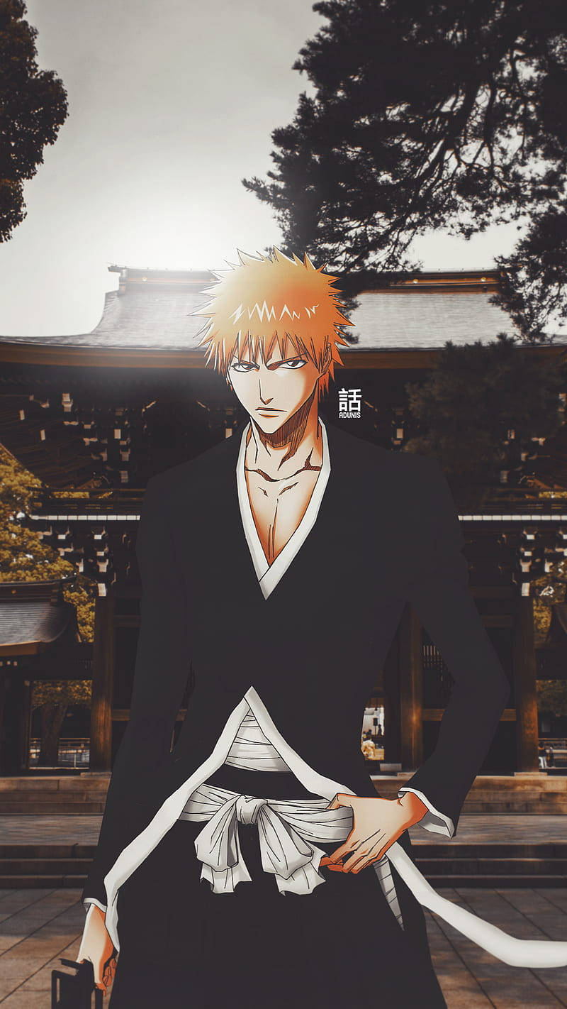 Bleach Iphone Ichigo In Front Of A Temple Background